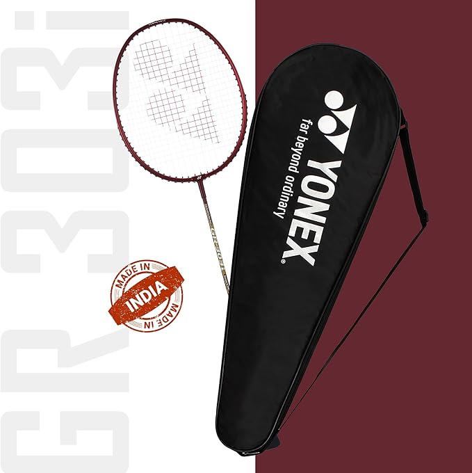 Yonex GR 303i Dark Red Badminton Racket Prestrung - High Performance Carbon Graphite Shuttlecock Racquet for Professional & Recreational Players - Perfect for Tournaments, Training & Backyard Games (Made in India)