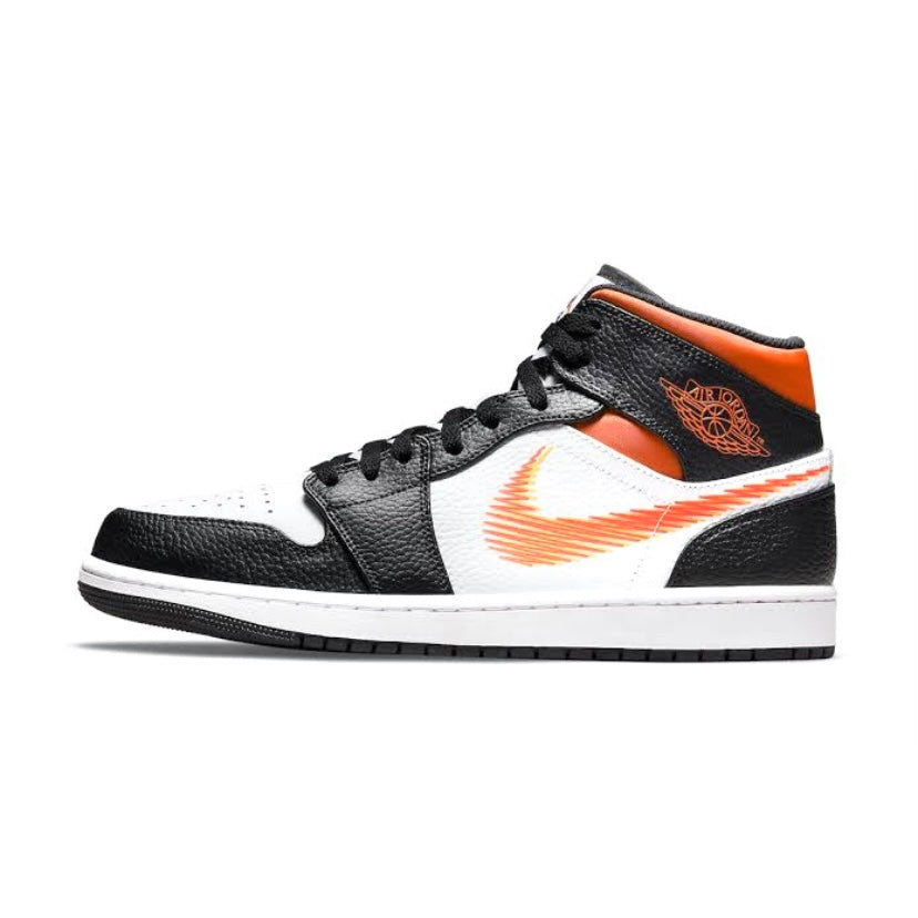 Air Jordan 1 Mid Sneakers - Orange, Black & White Colorway with Unique Zig Zag Swoosh Design | Basketball Shoes for Men & Women | Perfect for Streetwear, Casual Wear & Sports