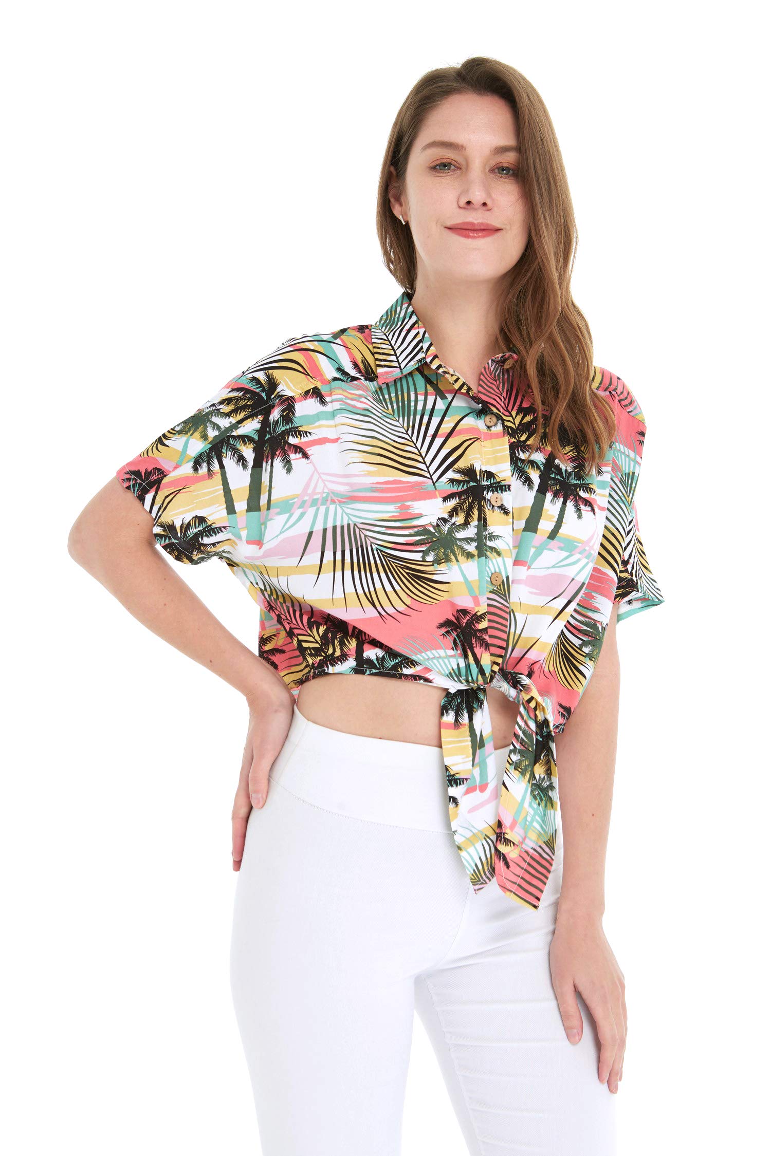 Women's Hawaiian Aloha Shirt - Floral Print Tie Front Crop Top for Summer Beach Vacation, Sunset Colors, Casual Boho Outfit