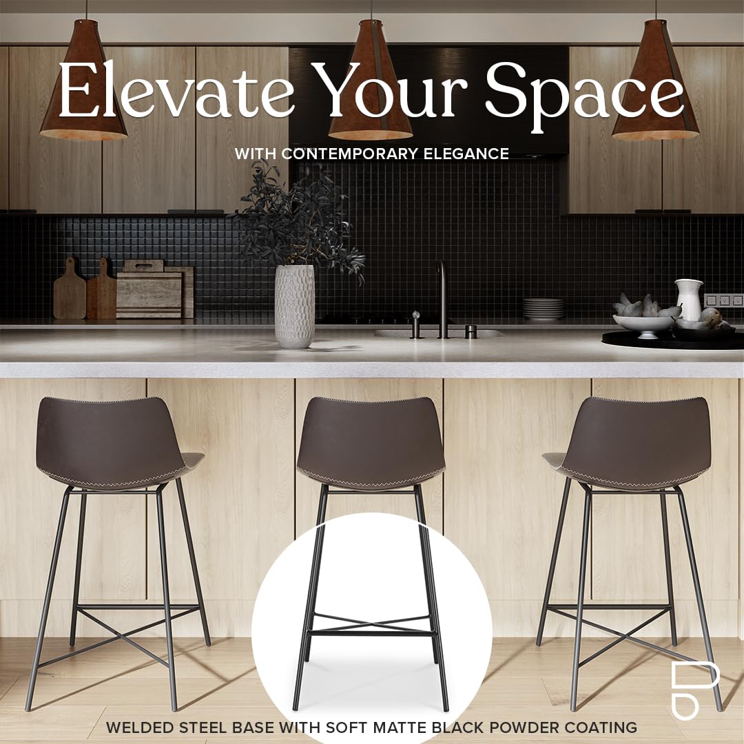 Poly and Bark 24-Inch Counter Height Bar Stools Set of 3 - Modern Kitchen Island Stools with Back Support - Comfortable Brown Bar Chairs for Kitchen, Dining & Breakfast Nook - Durable Countertop-High Stools for Home Decor - Perfect for Entertaining, Casual Dining & Small Spaces