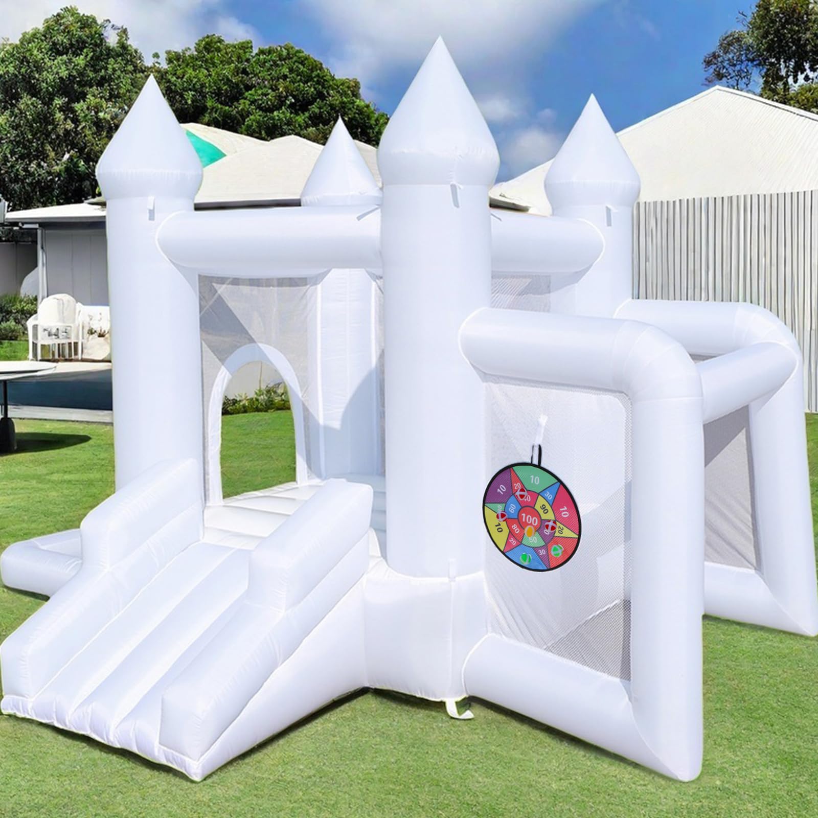 White Bounce House with Blower - 8ft x 11ft Inflatable Bouncy Castle for Kids | Backyard, Birthday Parties, Events | Durable Outdoor Play Equipment for Children's Gifts & Family Fun