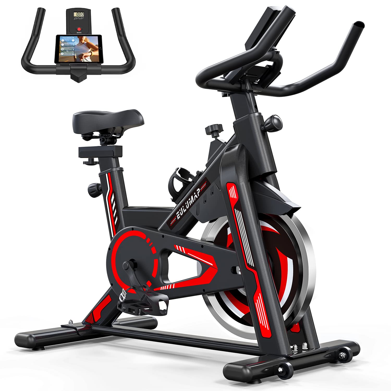 Premium Exercise Bike for Home Gym - Indoor Cycling Bike with iPad Mount, Comfortable Seat Cushion & LCD Monitor - Red - Perfect for Cardio Workouts, Weight Loss & Home Fitness Training