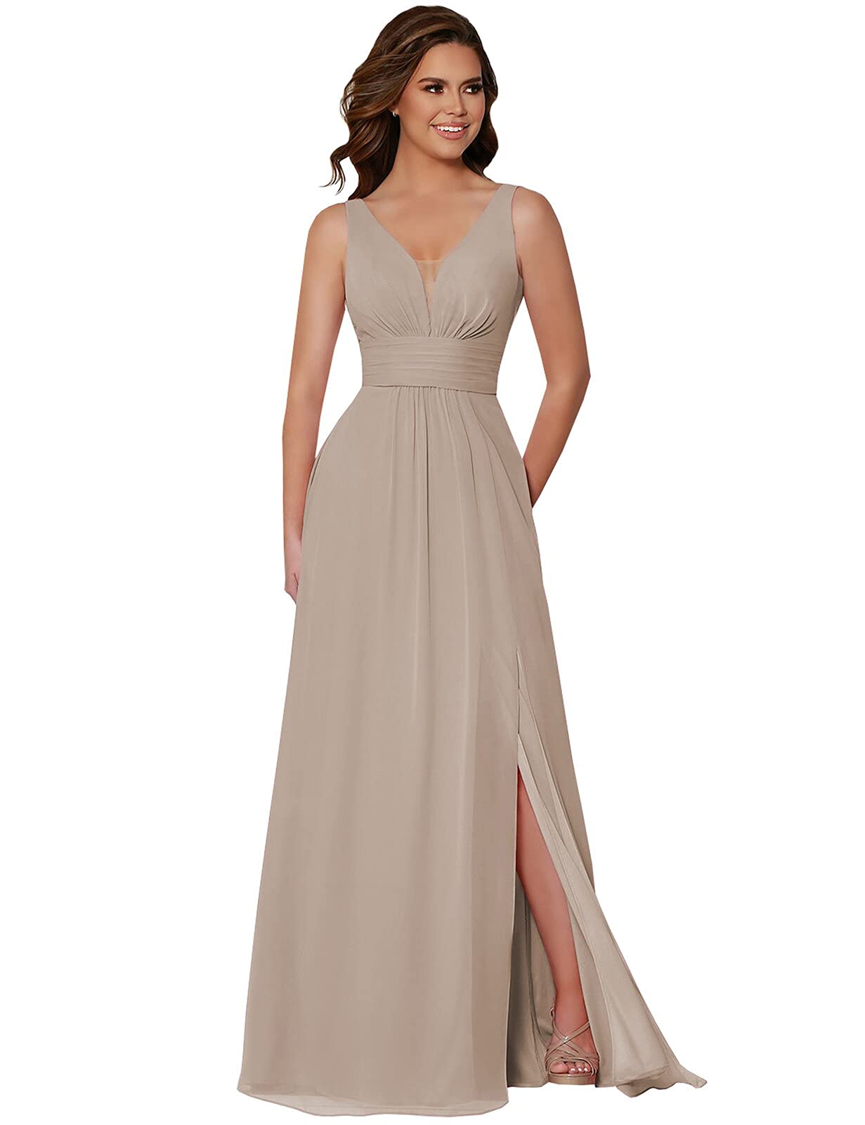 Elegant V-Neck Bridesmaid Dresses with Pockets - Pleated Chiffon A-Line Long Formal Gown with Slit & Corset Back - Perfect for Weddings, Prom, and Special Occasions