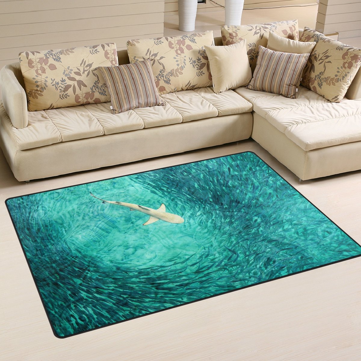 Non-Slip Blue Ocean Sea Shark Fish Area Rug - 60x39 Inch Soft Floor Mat for Living Room, Bedroom & Dorm Decor - Perfect for Beach Theme Home, Kids Room & Coastal Style Spaces