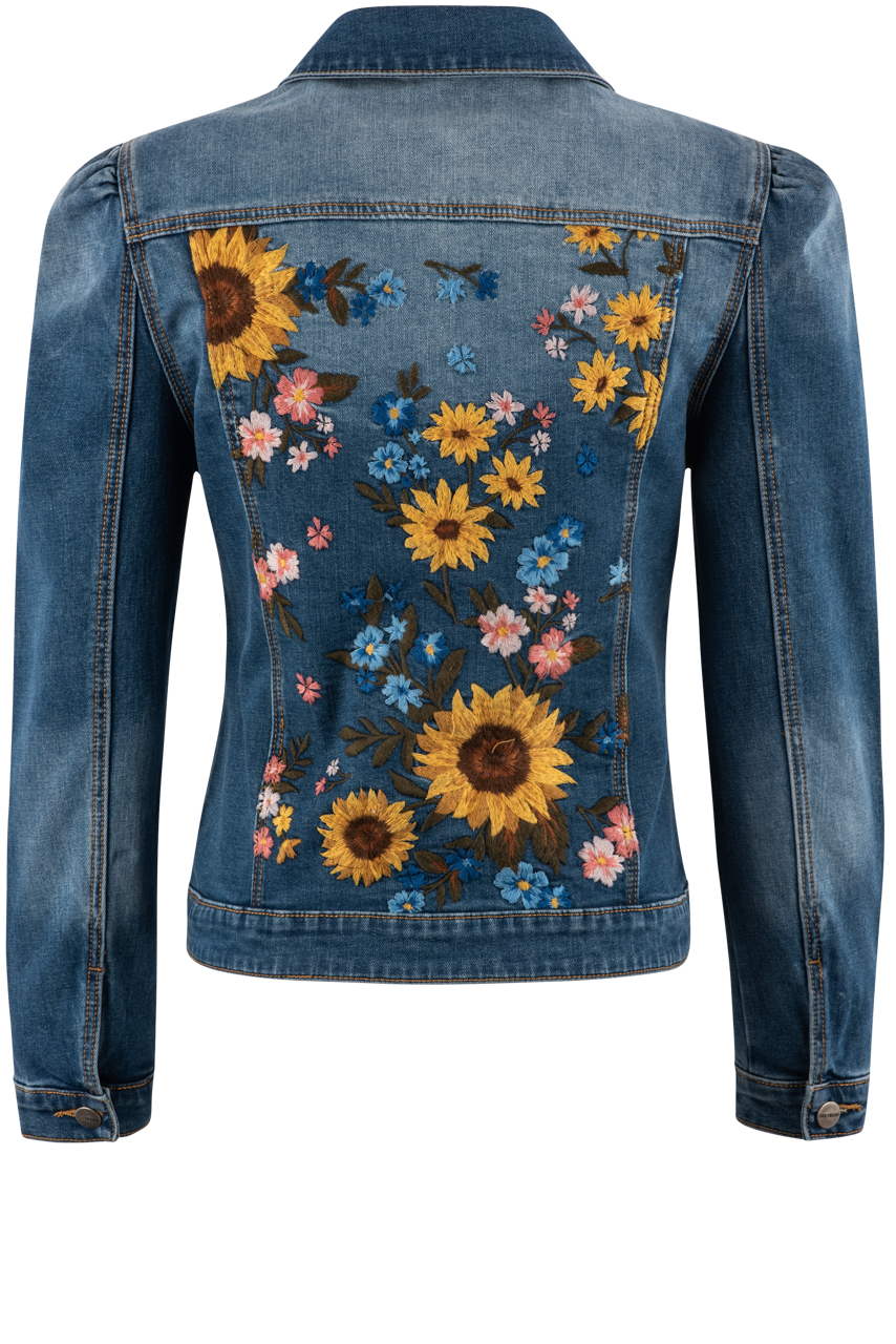 Stylish Women's Distressed Denim Jacket with Sunflower & Driftwood Embroidery - Perfect for Casual Outings, Music Festivals & Boho Fashion