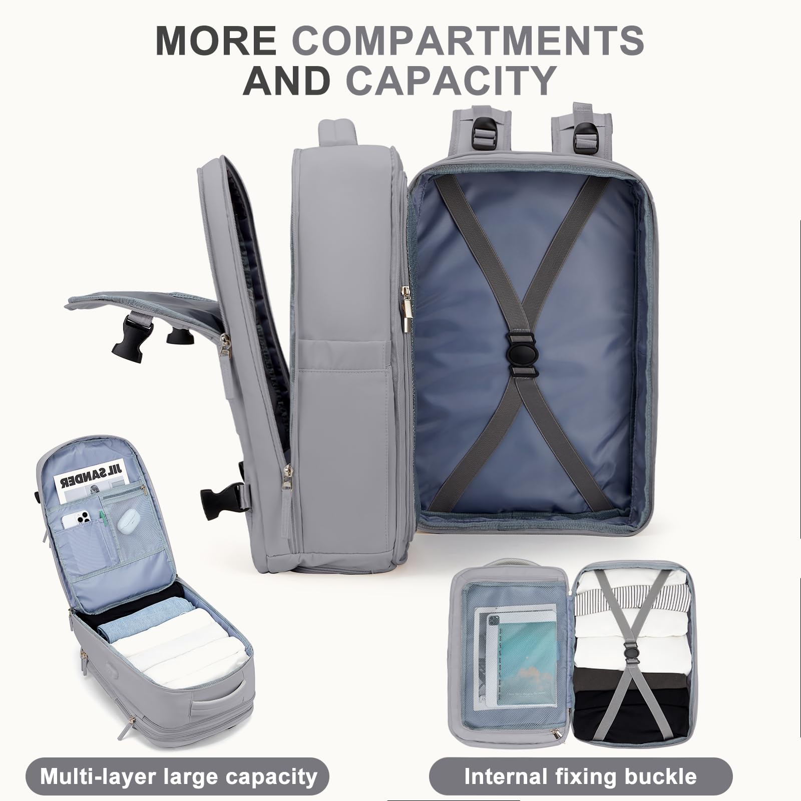 Coowoz Large Travel Backpack for Women & Men - Waterproof Expandable Carry-On Backpack for Hiking, Outdoor Sports & Casual Use - Heavy Duty Extra Large Rucksack with Grey Expansion (Perfect for Air Travel, Camping & Daily Commute)