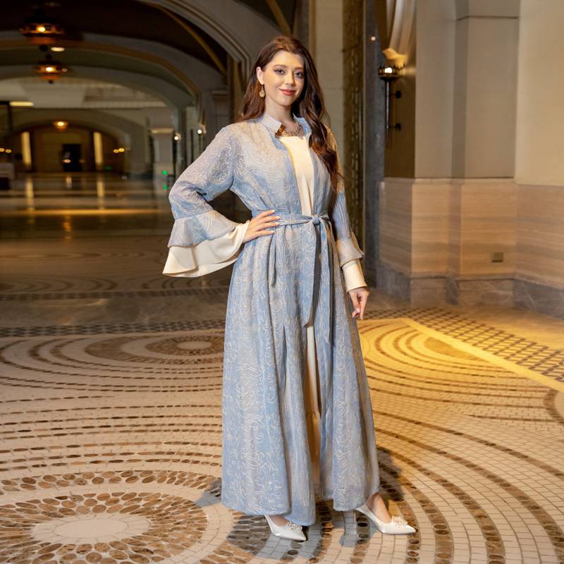 2-Piece Women's Ruffle Sleeve Open Abaya Kaftan Dress Set with Inner Sleeveless Dress - Elegant Muslim Fashion for Prayer, Homewear & Special Occasions