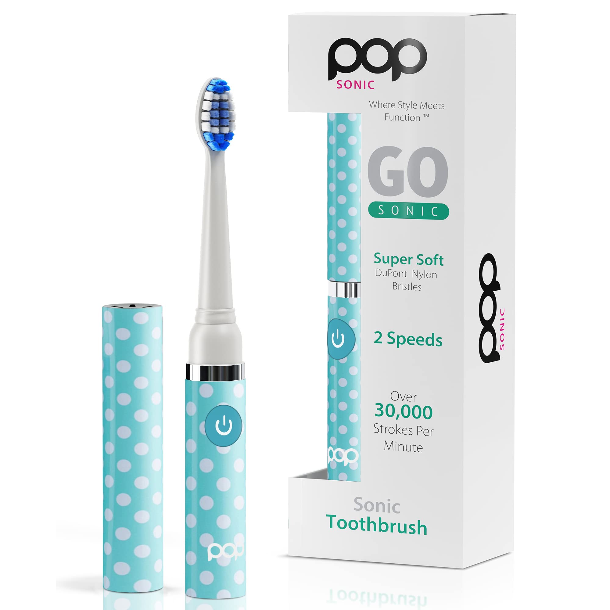 Pop Sonic Electric Toothbrush for Kids & Travel - Blue Dots Design with 2 Speed Modes (15,000-30,000 Strokes/Minute), AAA Battery Powered, Dupont Nylon Bristles - Perfect for Home, School & Vacation Use