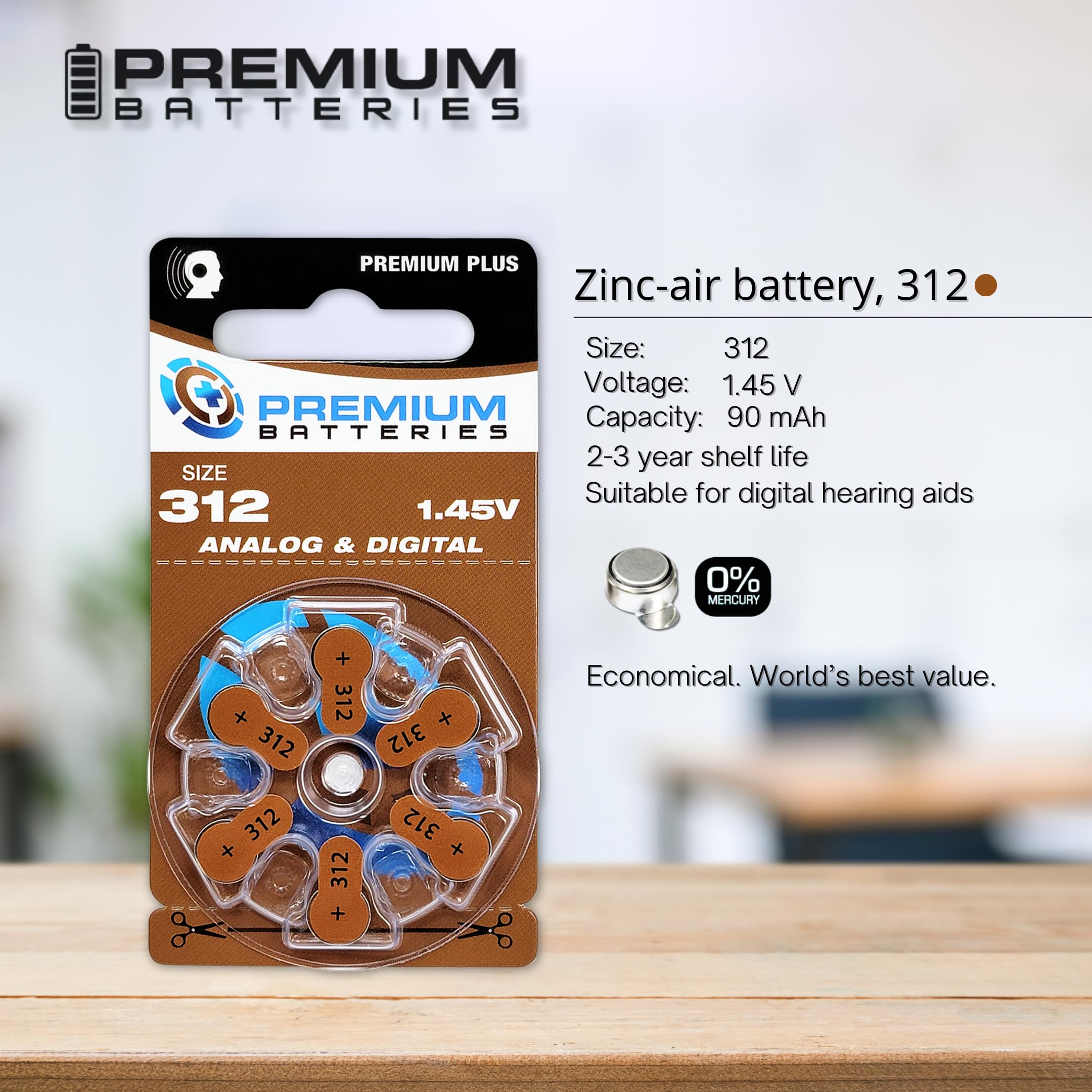Size 312 PR41 1.45V Zinc Air Hearing Aid Batteries (60 Pack) - Long Lasting Power for Hearing Devices - Perfect for Oticon, Phonak & Rexton Hearing Aids - Home & Travel Use