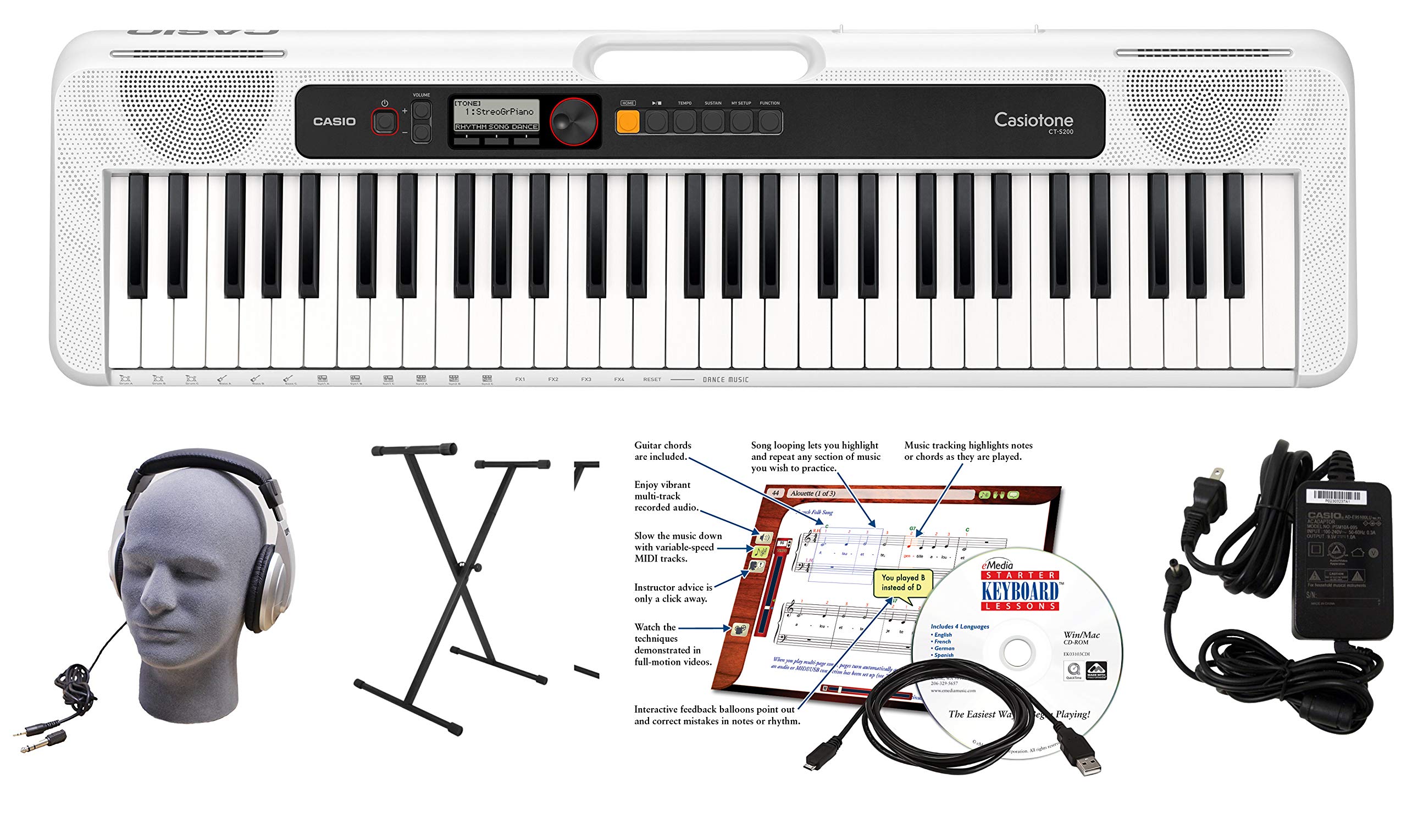 Casio CT-S200WE 61-Key Premium Portable Keyboard with Stand, Headphones, Power Supply & USB Cable - Complete Starter Bundle for Beginners & Home Practice (White) - Perfect for Piano Lessons, Music Education & Digital Keyboard Learning