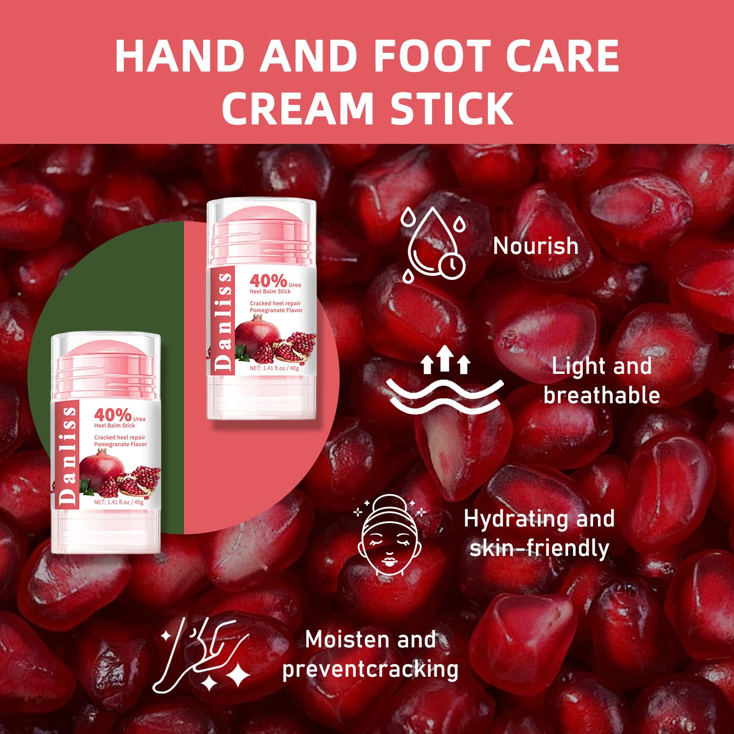40% Urea Heel Balm Stick - Intensive Cracked Foot Repair Cream for Calluses, Dry Feet & Cracked Heels | Soothing Moisturizer & Callus Remover | 1.41 Oz Pomegranate Flavor | Perfect for Pedicures, Foot Care & Overnight Treatment