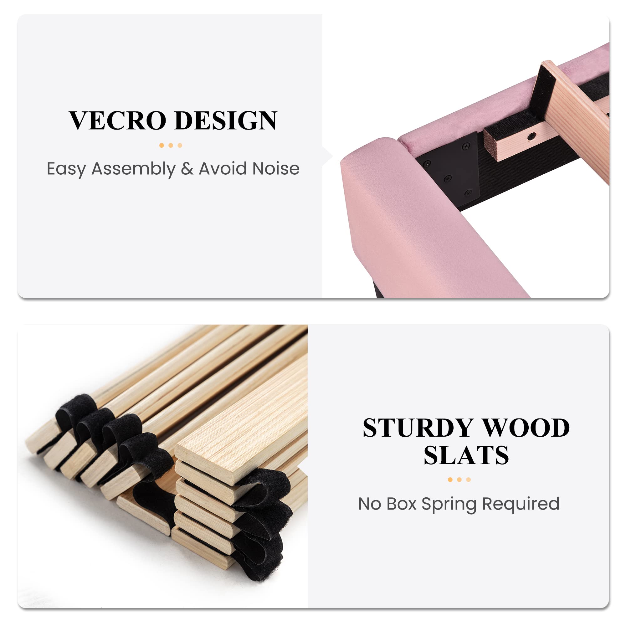 Luxury Velvet Upholstered Queen Size Bed Frame with Headboard - Pink | Solid Wood Slat Support | No Box Spring Required | Perfect for Master Bedroom, Guest Room & Apartment Decor