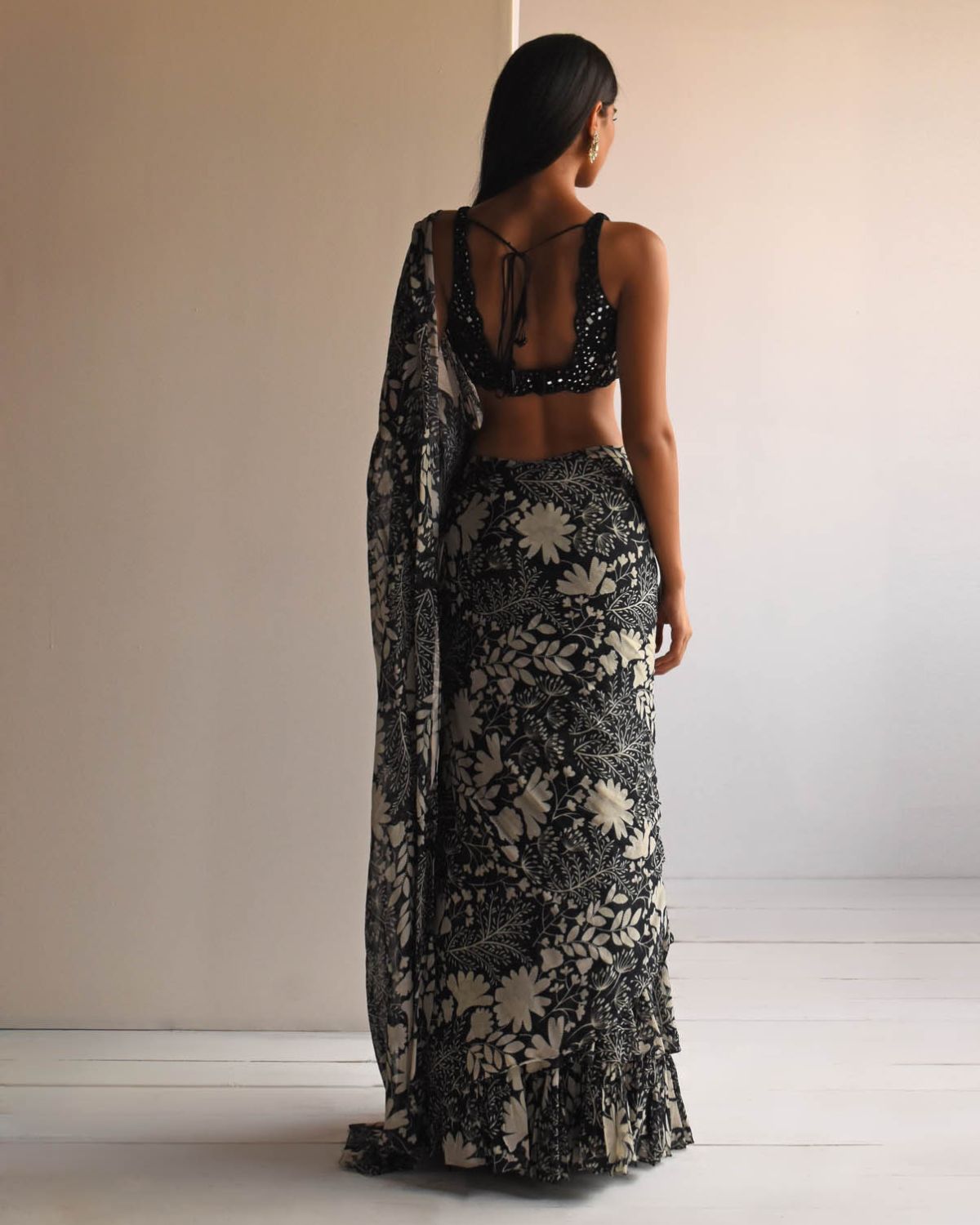Elegant Black Garden Printed Ruffle Sari Set for Women - Traditional Indian Party Wear for Weddings, Festivals & Special Occasions