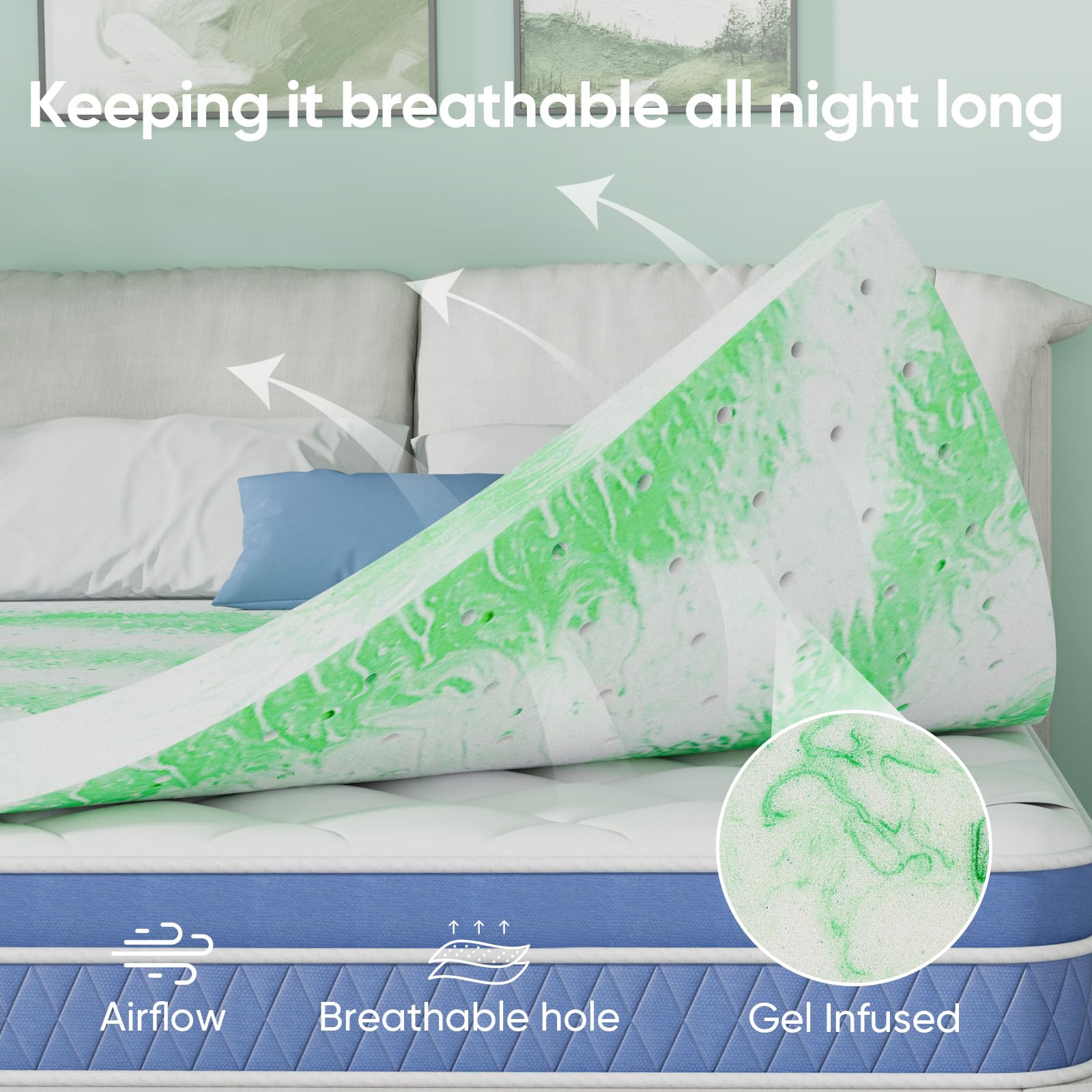 BedsPick 2 Inch Green Tea Memory Foam Mattress Topper Twin Size - Gel Infused Cooling Bed Topper for Twin Beds, Sleeper Sofas, RVs & Campers - CertiPUR-US Certified for Comfort & Support - Perfect for Hot Sleepers & Pressure Relief