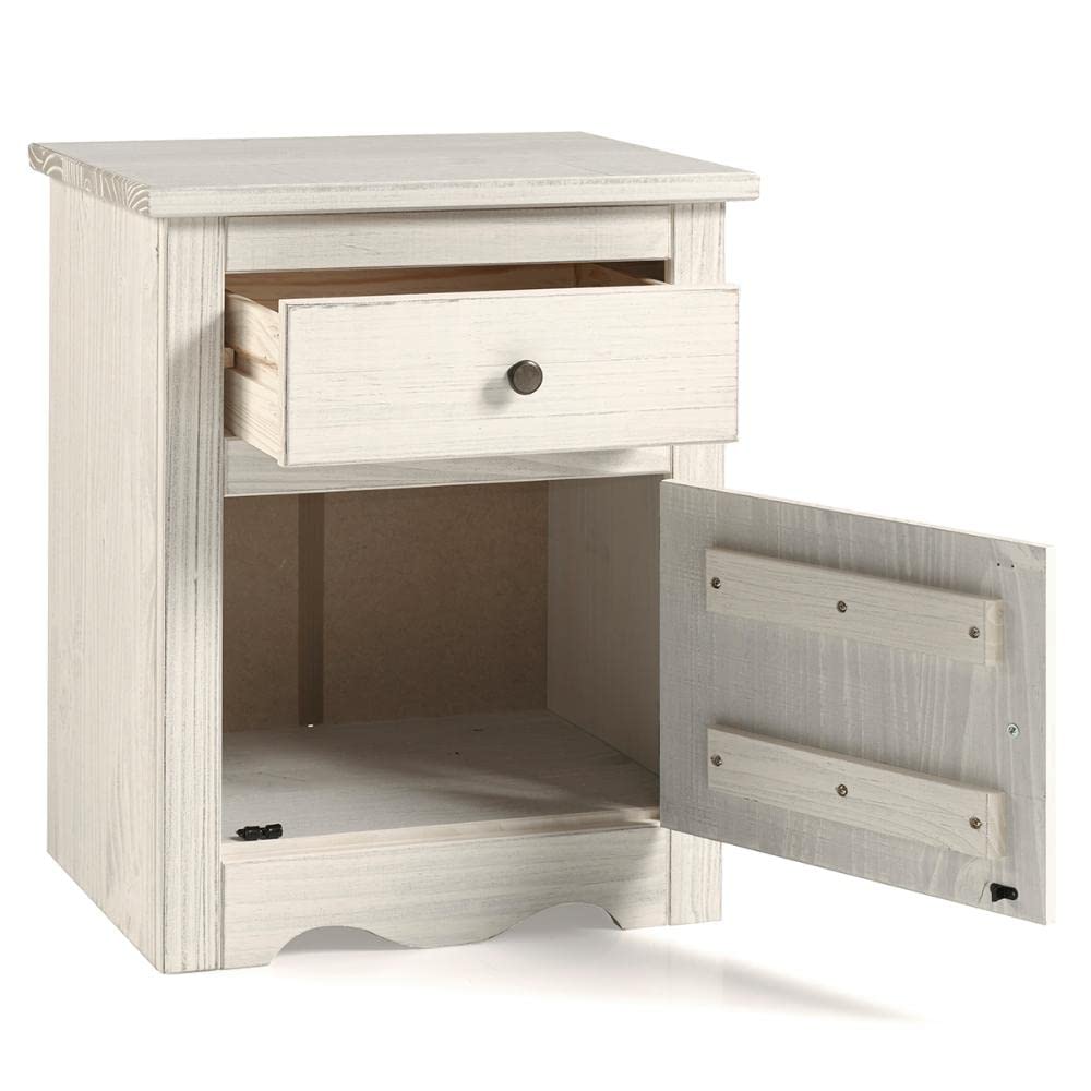 Distressed White Wood Nightstand with 1 Door & 1 Drawer - Bedside Table for Bedroom, Living Room, or Guest Room Storage