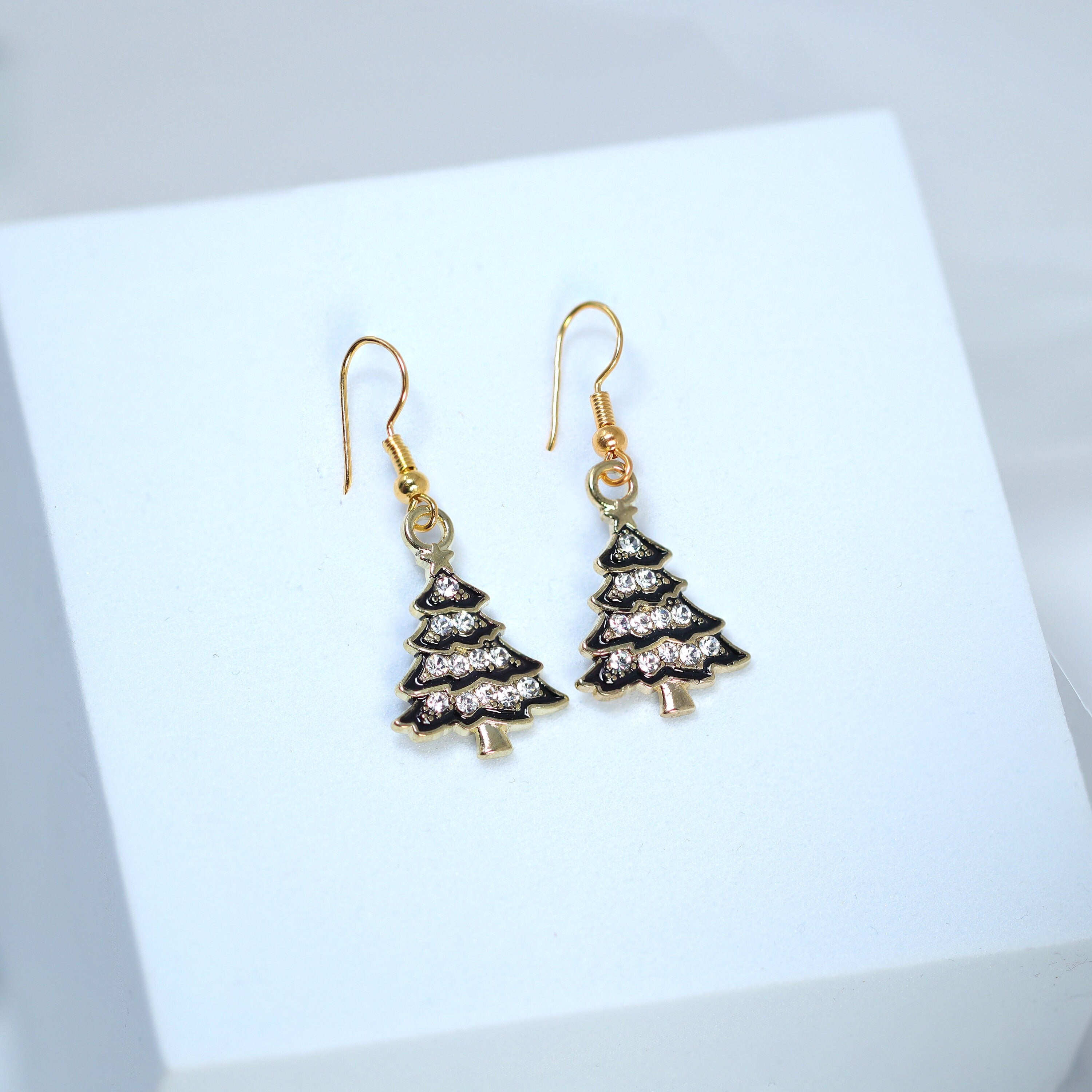 Minimalist Rhinestone Black Christmas Tree Dangle Earrings - Crystal Holiday Earrings for Women - Elegant Statement Jewelry for Christmas Party, Office Celebration & Festive Gatherings