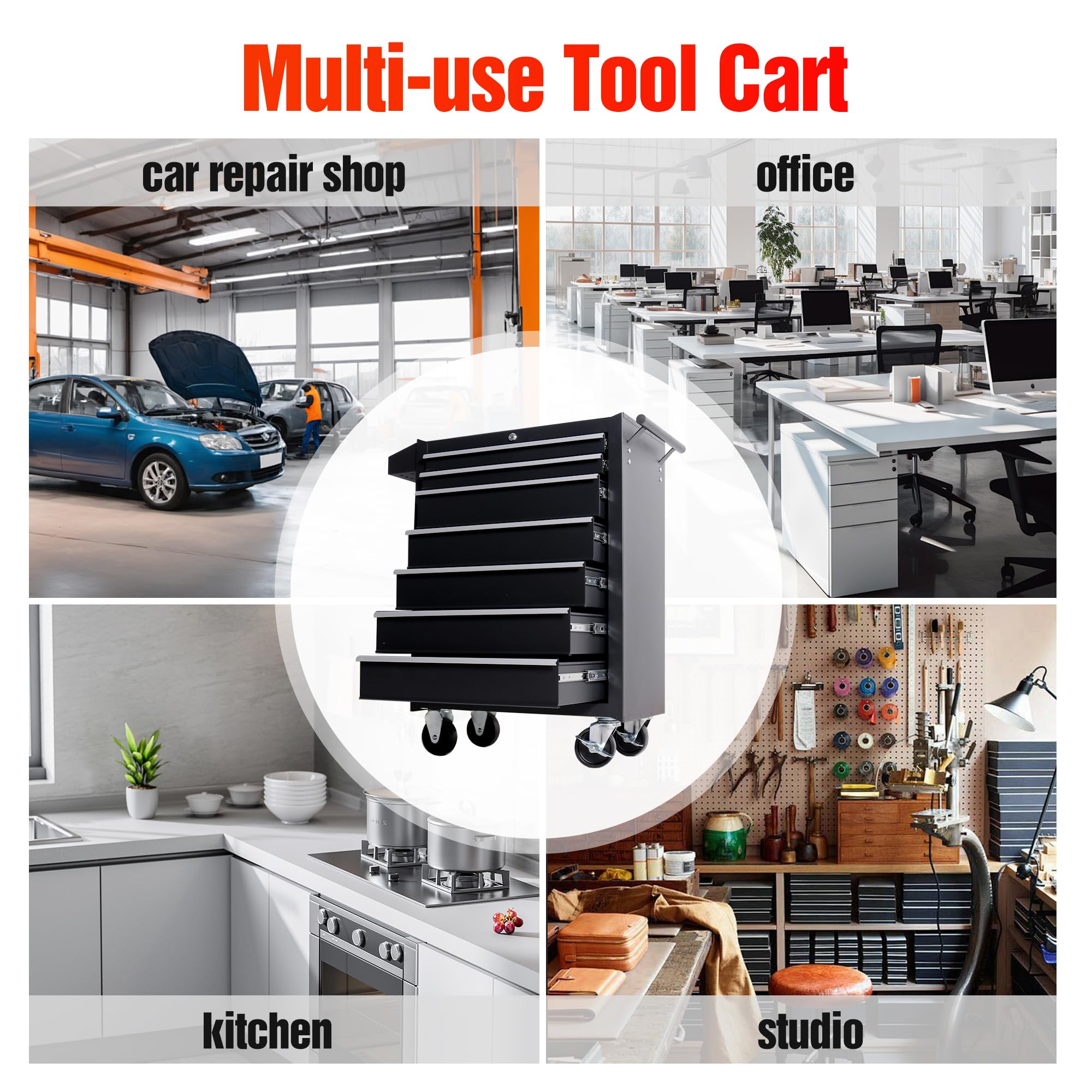 Heavy Duty 7-Drawer Steel Rolling Tool Chest Cart (TZ37-BK) - Professional Tool Storage for Garage, Workshop & Mobile Mechanics