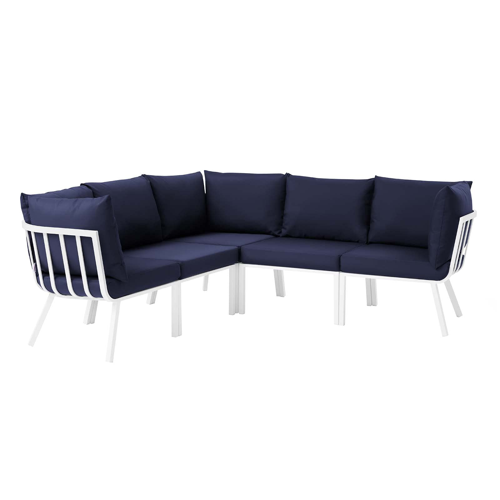 Modern Lounge Sectional Sofa Chair Set - Aluminum Metal Frame, White Blue Navy, Outdoor Patio Furniture for Cafe, Bistro, and Garden Relaxation