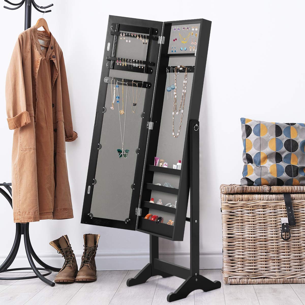 HOMGX Wooden Standing Jewelry Cabinet with Mirror - Jewelry Armoire Organizer for Necklaces, Rings & Earrings - Elegant Black Storage for Bedroom, Closet & Dressing Room