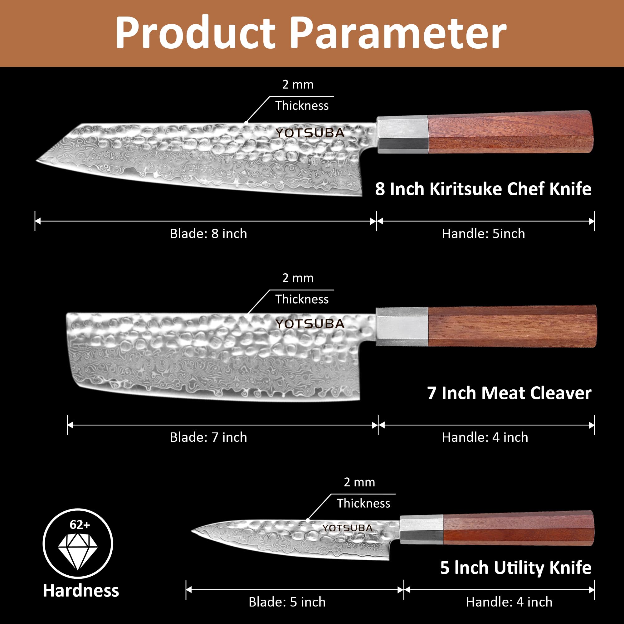 Premium 3-Piece Japanese Damascus Chef Knife Set - Hand-Forged High Carbon Steel Blades, Ultra Sharp Kitchen Knives with Ergonomic Wood Handle - Perfect for Chopping Vegetables, Slicing Meat & Professional Cooking - Ideal Gift for Home Chefs & Culinary Enthusiasts