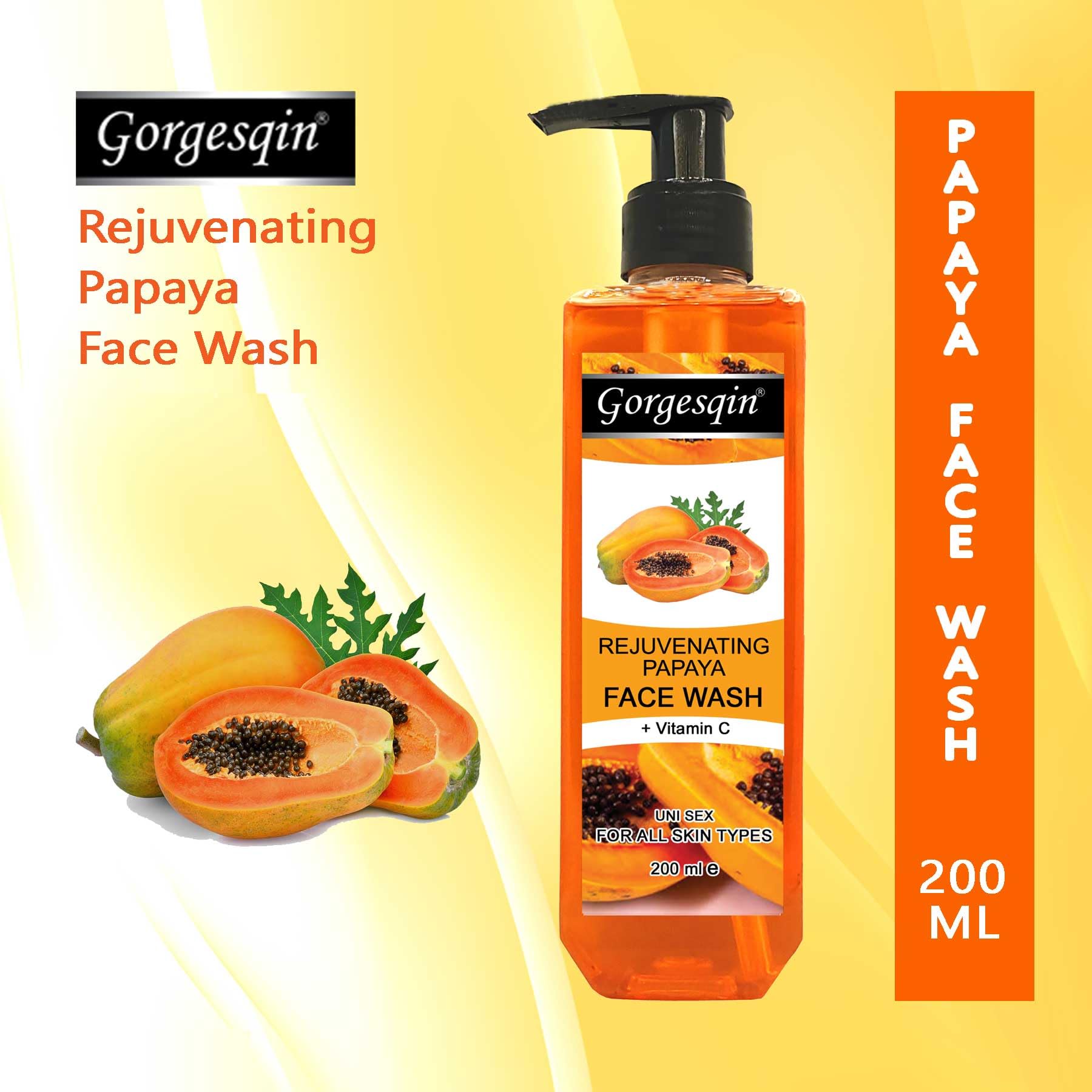 GORGESQIN Rejuvenating Papaya Face Wash for Moisturizing Skin - 200ml | Gentle Cleanser for Dry & Sensitive Skin, Daily Use for a Radiant Glow