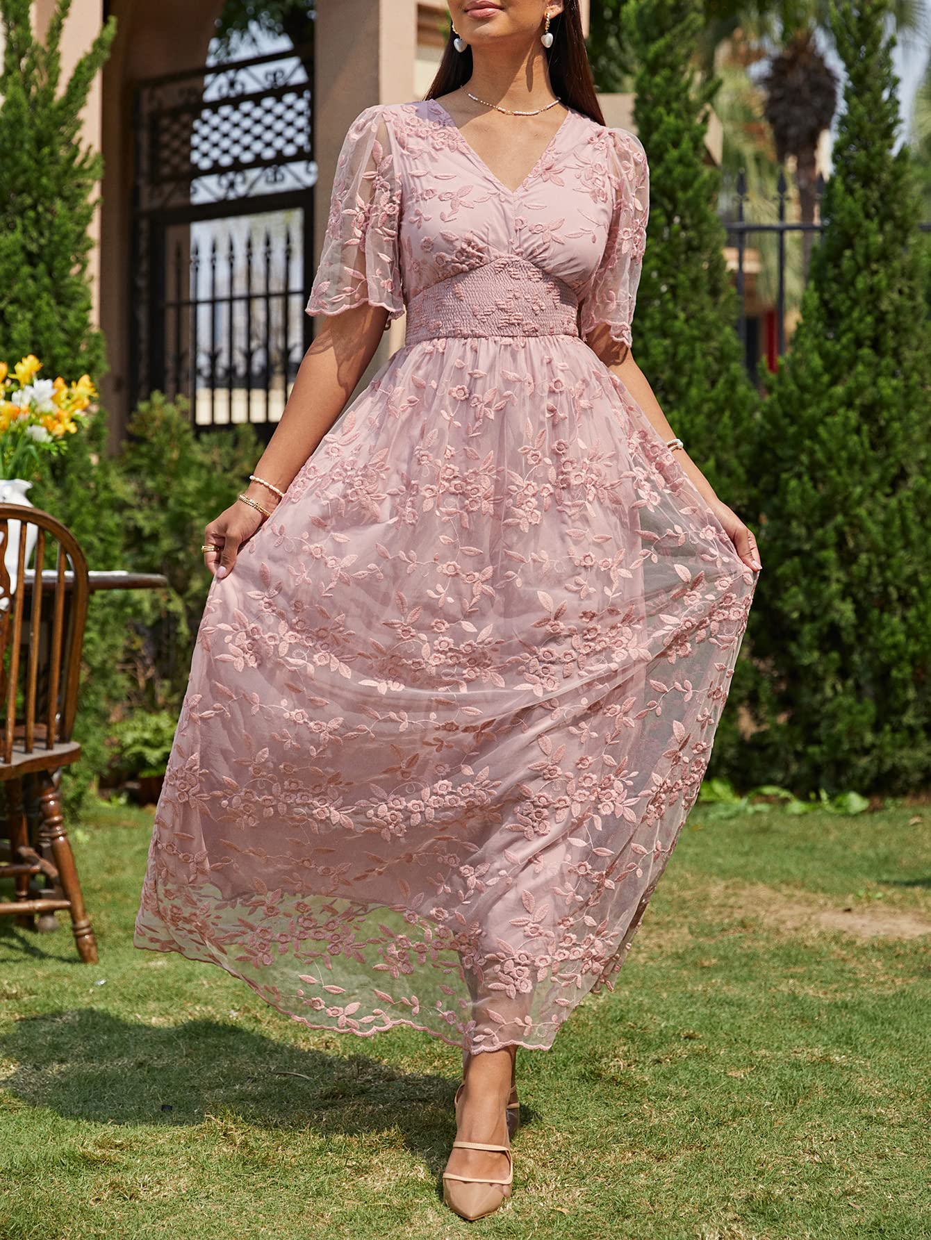 Miessial Women's Elegant V-Neck Lace Floral Maxi Dress with Embroidery - Boho Chic Wedding Guest Dress for Cocktail Parties, Beach Vacations & Summer Events