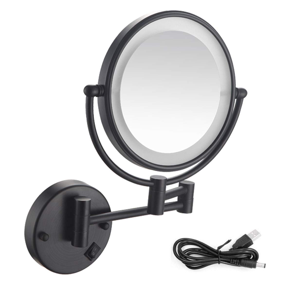 HYDL Wall Mounted Makeup Mirror with LED Lights - 5X Magnifying Cosmetic Mirror, 360° Swivel & Extendable Dual-Sided Vanity Mirror for Bathroom - USB Rechargeable Black Mirror for Makeup Application & Skincare Routine