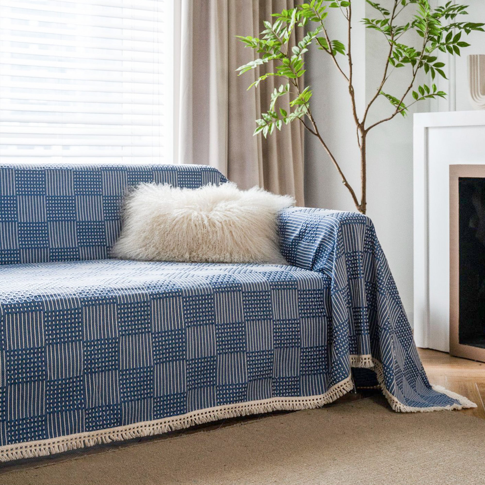 Textured Indigo Patchwork Sofa Cover - Soft Stretchable Couch Slipcover for Living Room, Sectional, Loveseat - Home Decor Protection for Pets & Kids