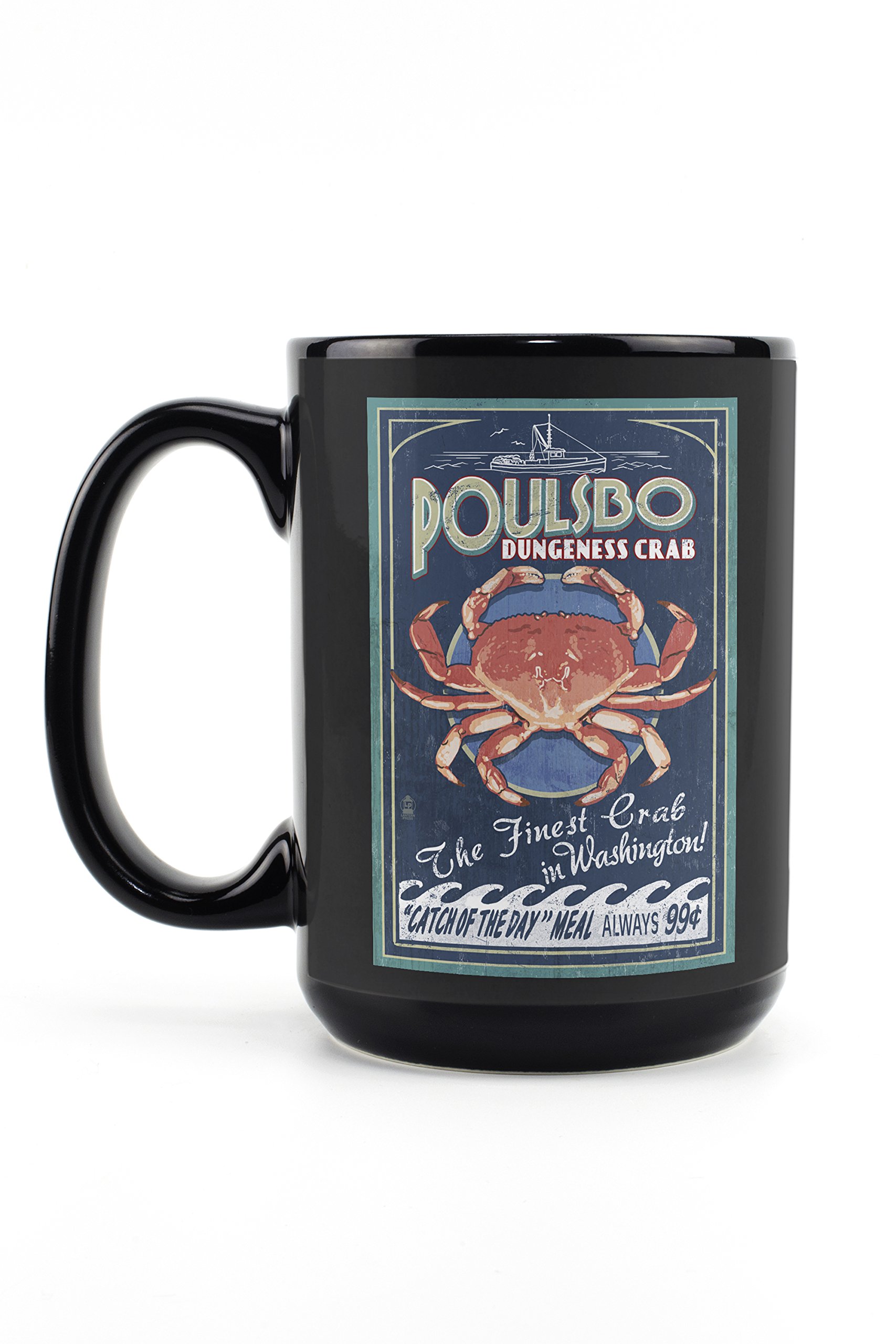 Lantern Press Poulsbo Washington Dungeness Crab Vintage Sign Mug - 15oz Black Ceramic Coffee & Tea Cup | Dishwasher & Microwave Safe | Perfect for Home, Office & Gifts