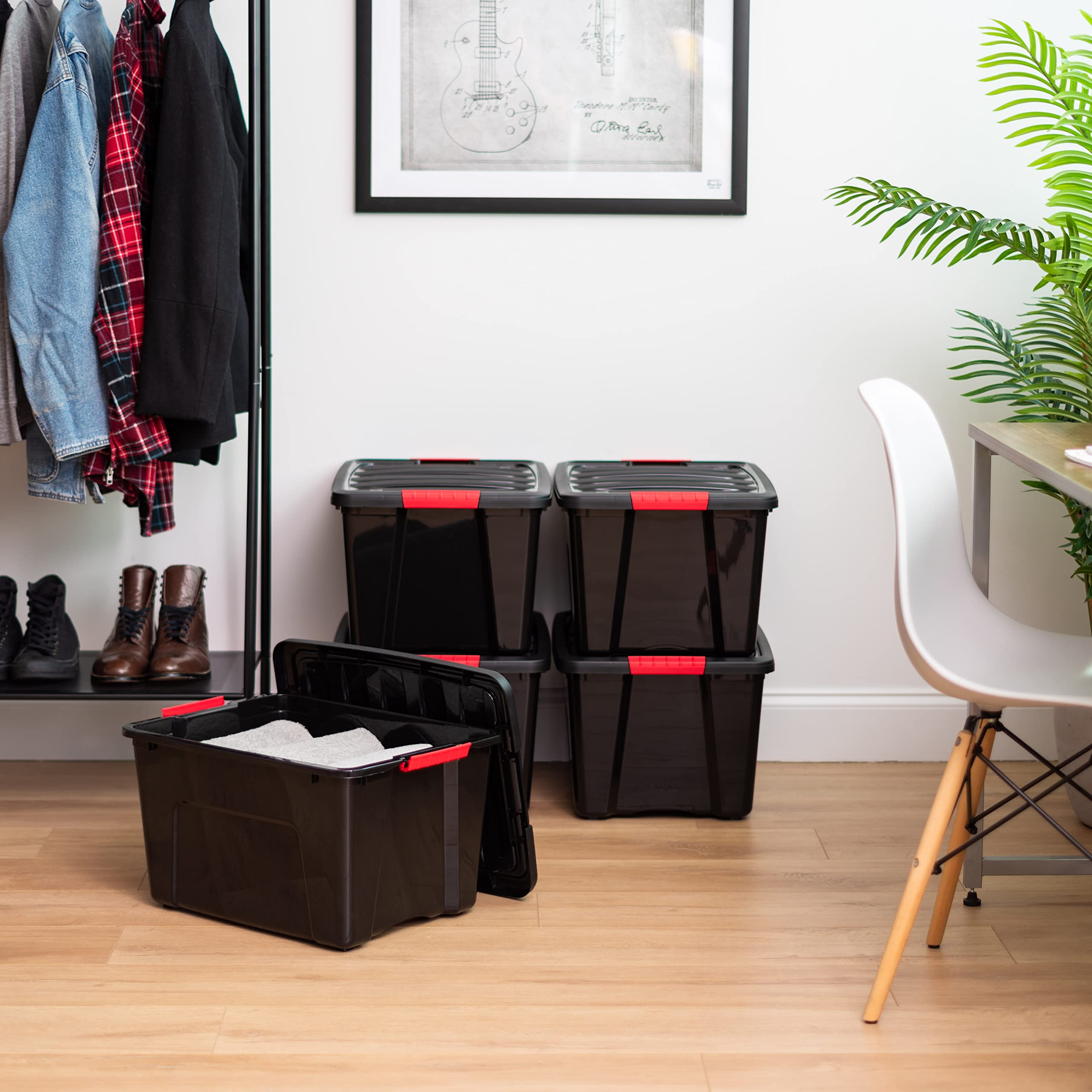 IRIS USA 40 Qt Stackable Plastic Storage Bins with Lids, 4 Pack - BPA-Free, Made in USA - Durable Nestable Containers for Garage, Closet & Home Organization - Secure Pull Handle & Latches - Black Storage Boxes for Seasonal Decor, Toys & Household Items