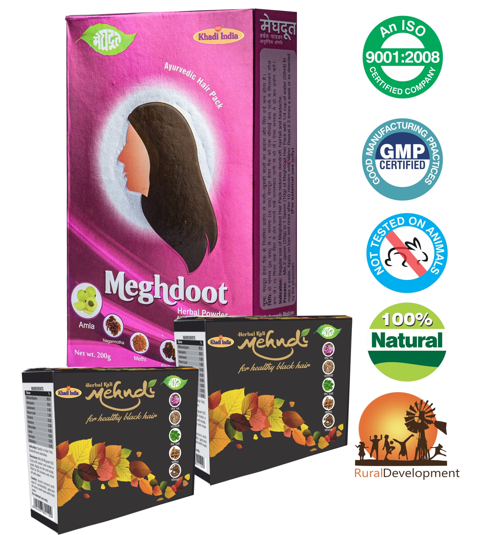 **Organic Herbal Kali Mehandi & Hair Wash Powder Combo – 100% Natural for Black Hair, Color Retention – 2x60g Henna + 1x200g Shampoo – Perfect for Home Hair Care & DIY Styling**