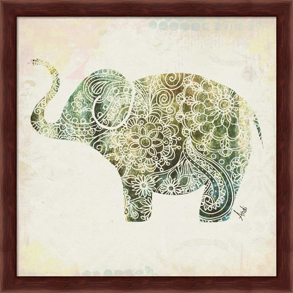 Boho Elephant II by Andi Metz - Framed Art Print Wall Decor with Deep Mahogany Frame, 13x13 Inches - Perfect for Nursery, Living Room & Bohemian Home Decor