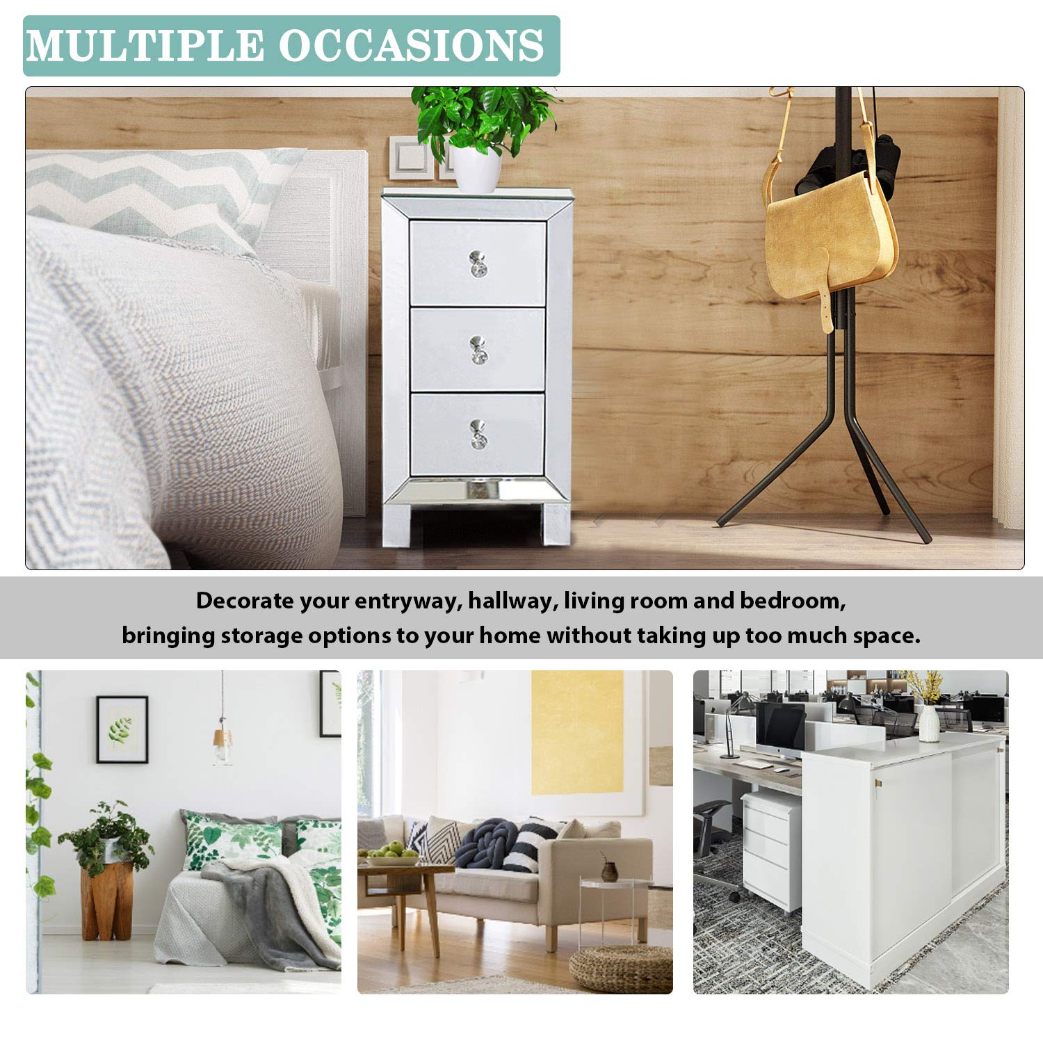 Modern Mirrored 3-Drawer Nightstand with Crystal Knobs - Bedroom & Living Room Storage