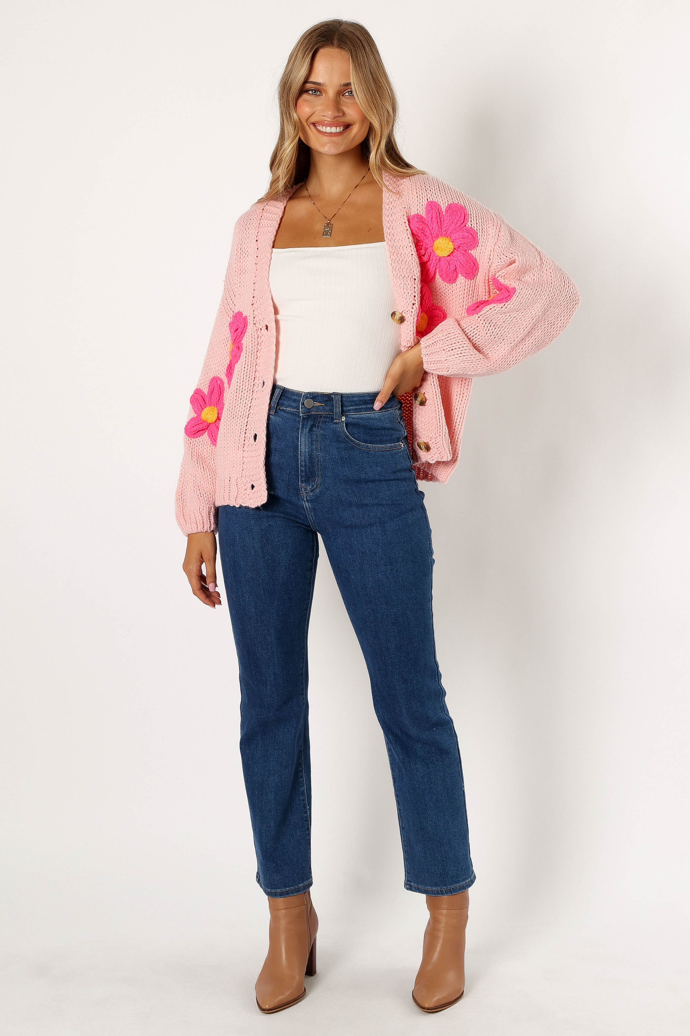 Elegant Clementine Flower Embroidered Open Front Cardigan - Soft Pink Knit Sweater for Women | Perfect for Spring Outfits & Casual Wear