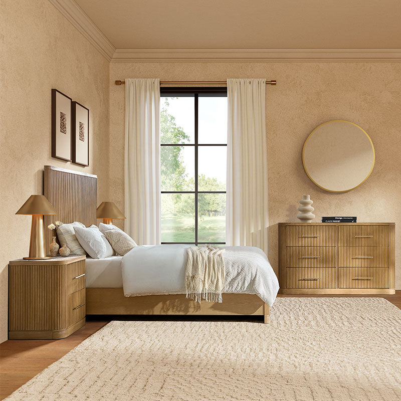 Modern Fluted Solid Wood Bedroom Set with Oak Texture - 4 Piece Bed Frame, Nightstand, Dresser & Mirror for Cozy Master Bedroom Decor