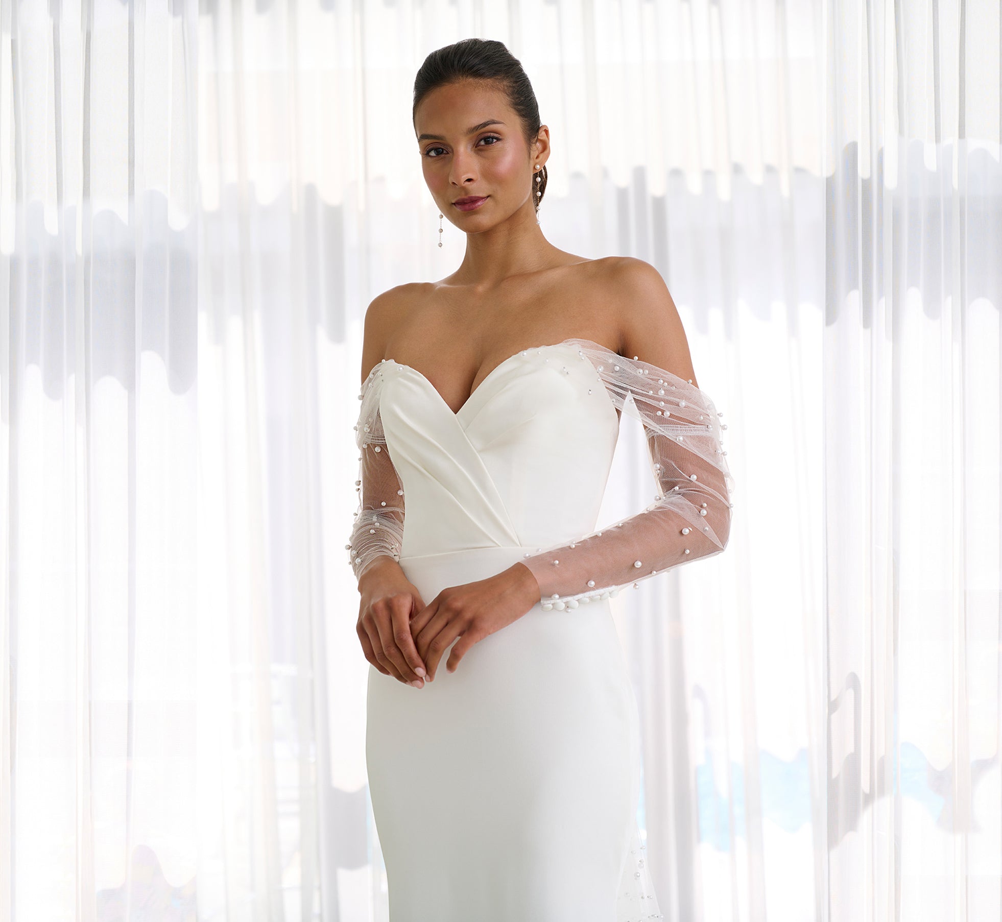 Ivory Pearl Studded Strapless Sheath Wedding Dress - Elegant Bridal Gown for Beach, Church & Formal Ceremonies