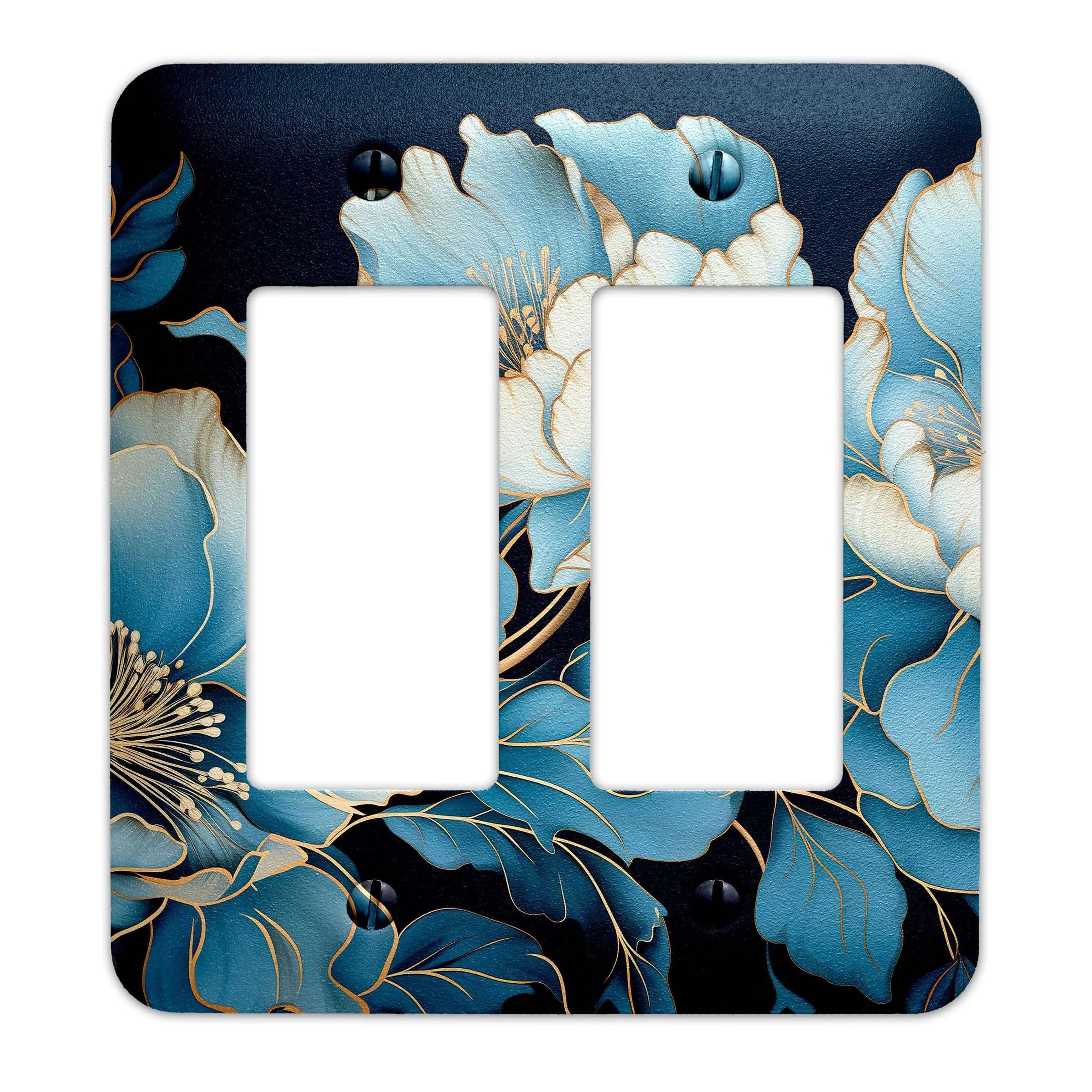Blue Floral with Gold Accents Metal Light Switch Plate Cover - Decorative Single Rocker Wall Plate - Various Sizes Available #4762 - Perfect for Bedroom, Living Room & Home Decor
