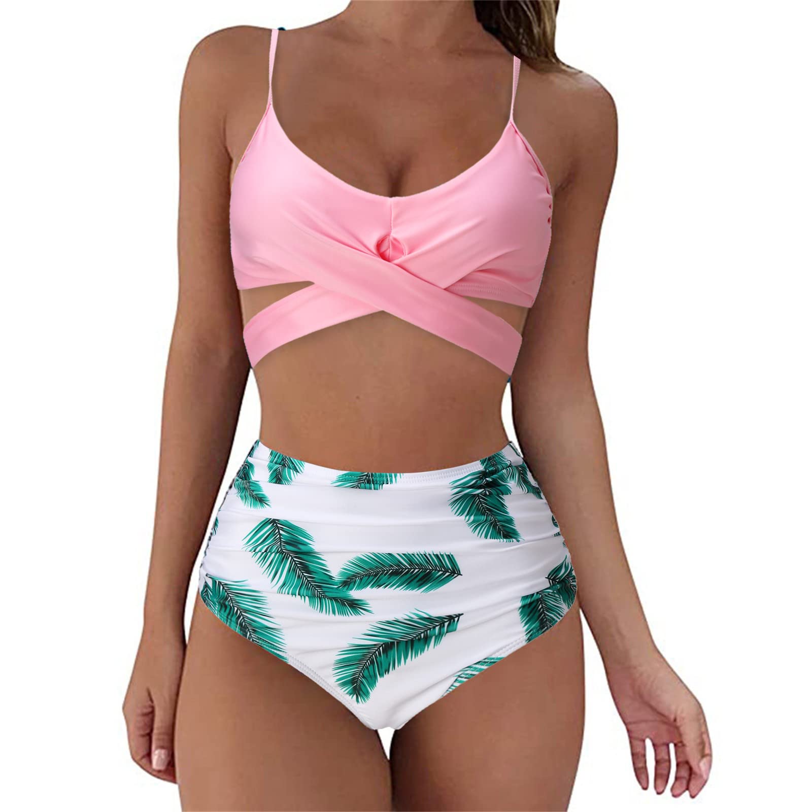 Women's High Waisted Bandage Bikini Set - Tropical Floral Printed Vintage Wrap Two Piece Push Up Swimwear for Beach Vacation & Pool Party