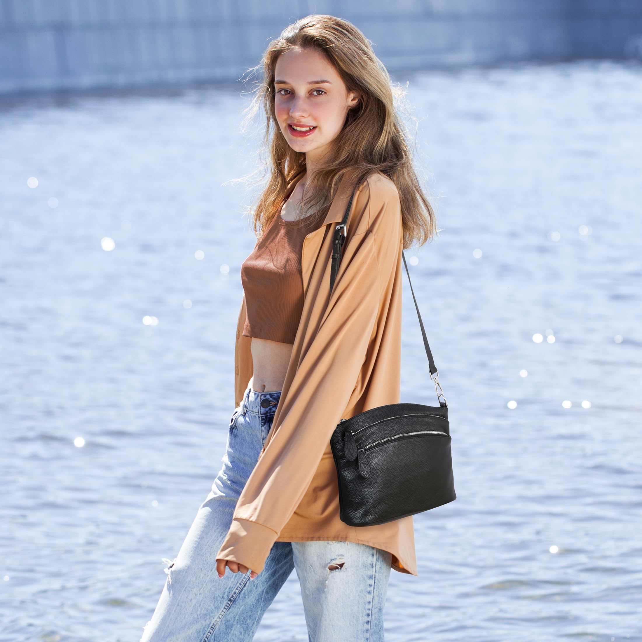 HESHE Women's Leather Crossbody Bag with Multiple Pockets - Small Functional Shoulder Purse Satchel Handbag for Everyday Use, Travel & Shopping