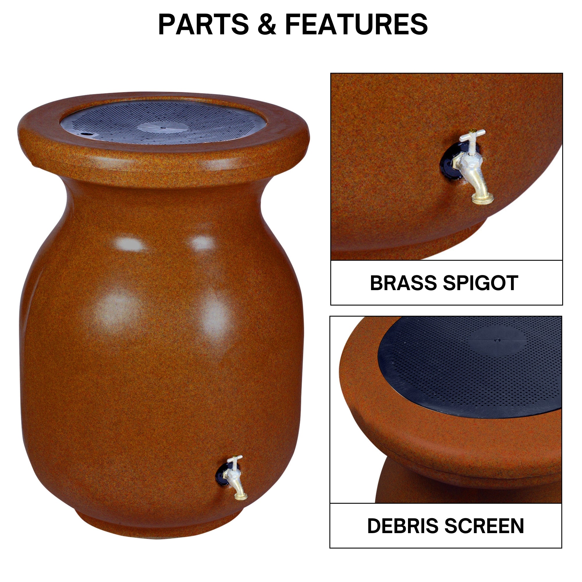 50 Gallon Rain Barrel with Brass Spigot - Sandstone Look Outdoor Water Collection Urn - Recycled Plastic Water Storage for Lawn, Plants & Gardens - Sustainable Rainwater Catcher for Eco-Friendly Watering | Perfect for Drought Areas & Off-Grid Living