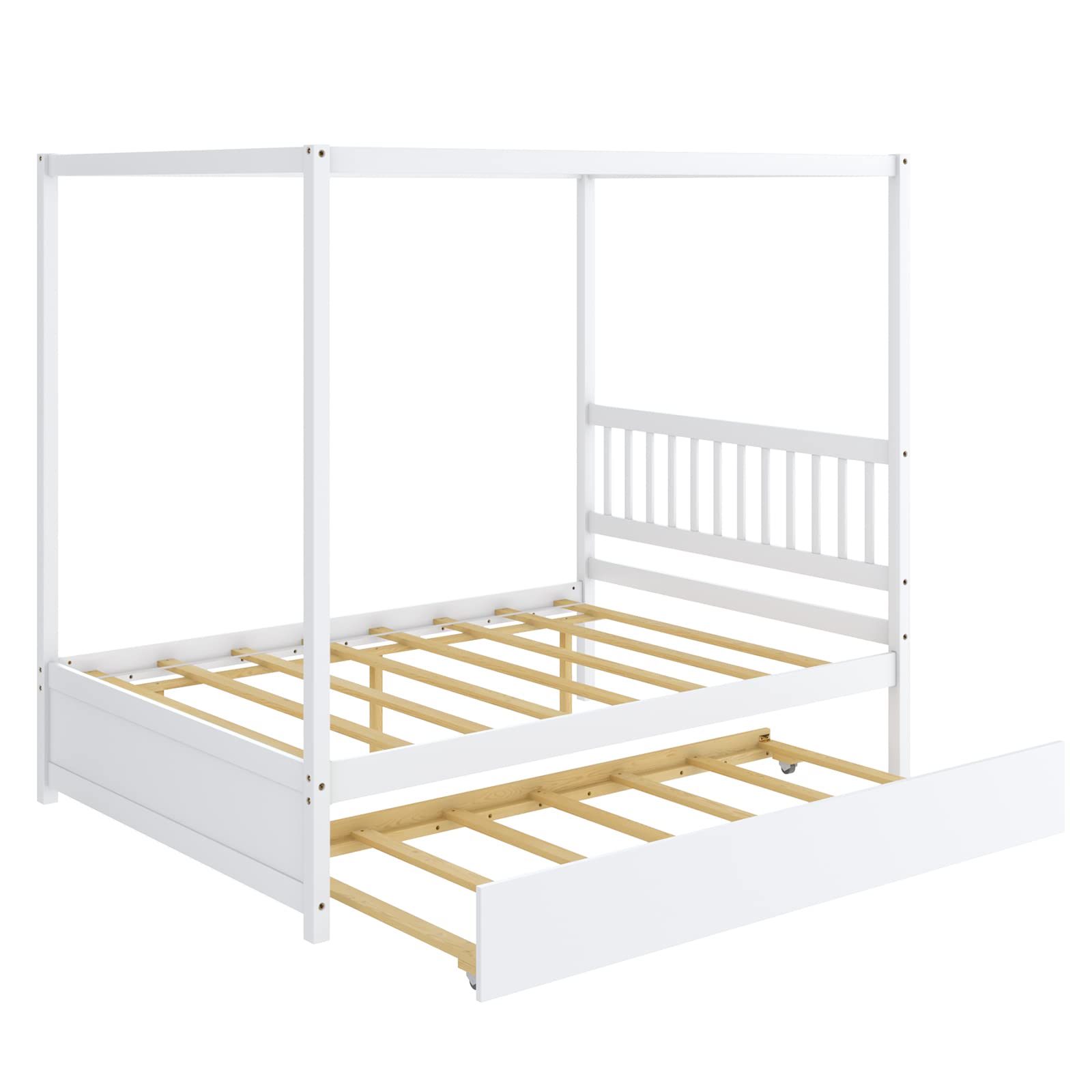 Giantex Full Size Canopy Bed with Trundle - Solid Wood Platform Bed Frame with Headboard for Kids, No Box Spring Needed - Perfect for Boys & Girls Bedrooms, Sleepovers and Space Saving (White)
