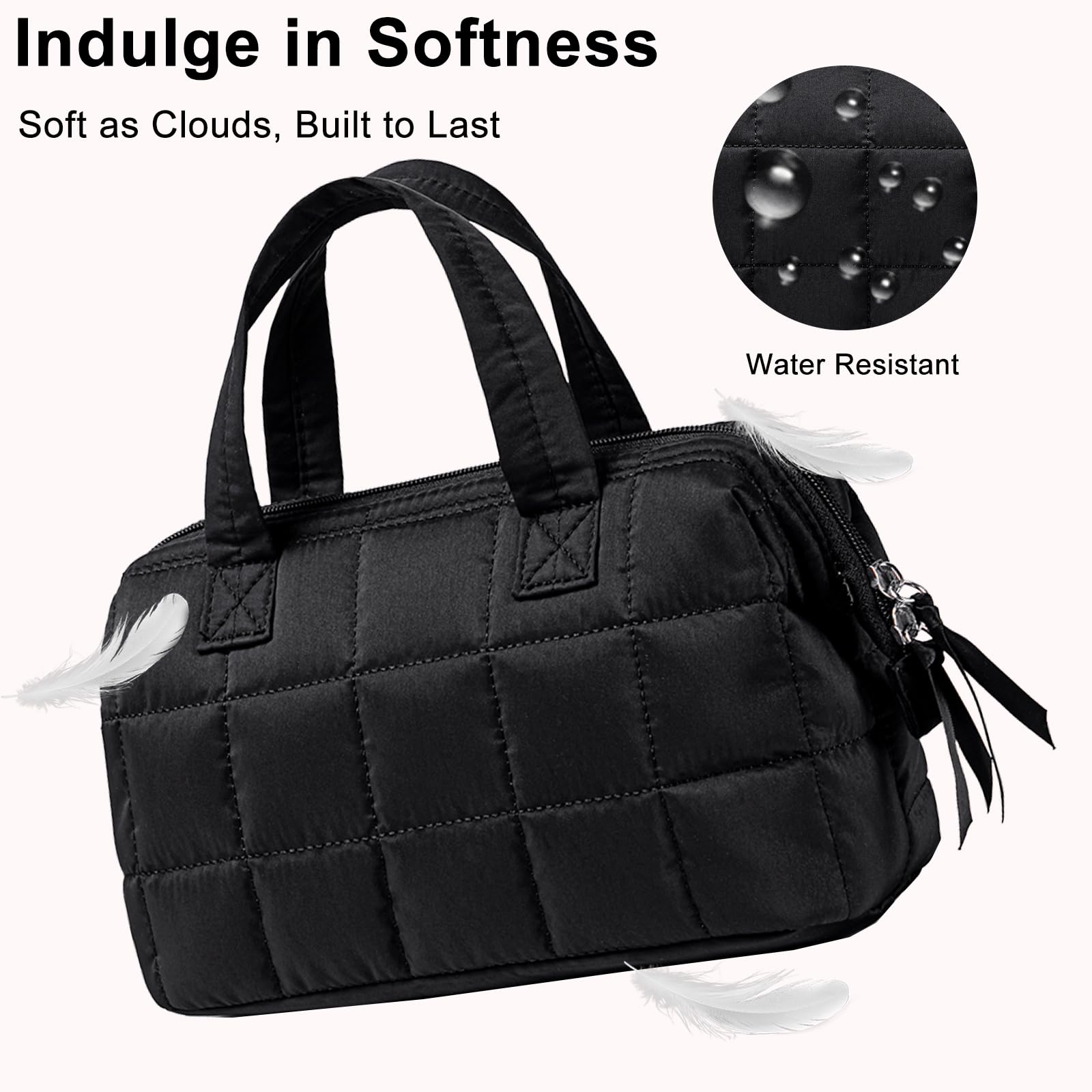 BTOOP Large Makeup Bag for Women - Cute Quilted Cosmetic Organizer with Wide Opening, Travel Toiletry Bag for Essentials (Black) - Perfect for Travel, Gym, and Daily Makeup Storage