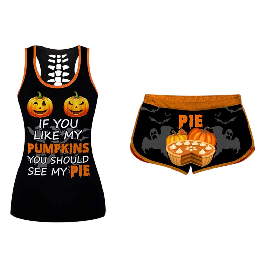 Plus Size Halloween Pajama Set - Pumpkin Print Tank & Shorts for Women | Christmas Sleepwear & Gym Wear