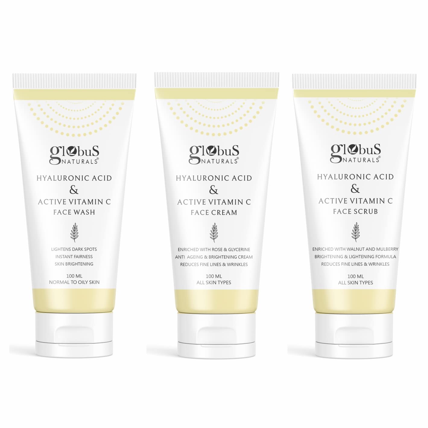 Globus Naturals Vitamin C & Hyaluronic Acid Anti-Aging Face Care Set - Brightening Facial Wash, Moisturizing Cream & Exfoliating Scrub (3-Piece Skincare Routine for Glowing Skin) - Perfect for Morning & Night Use, Travel-Friendly Skincare Kit