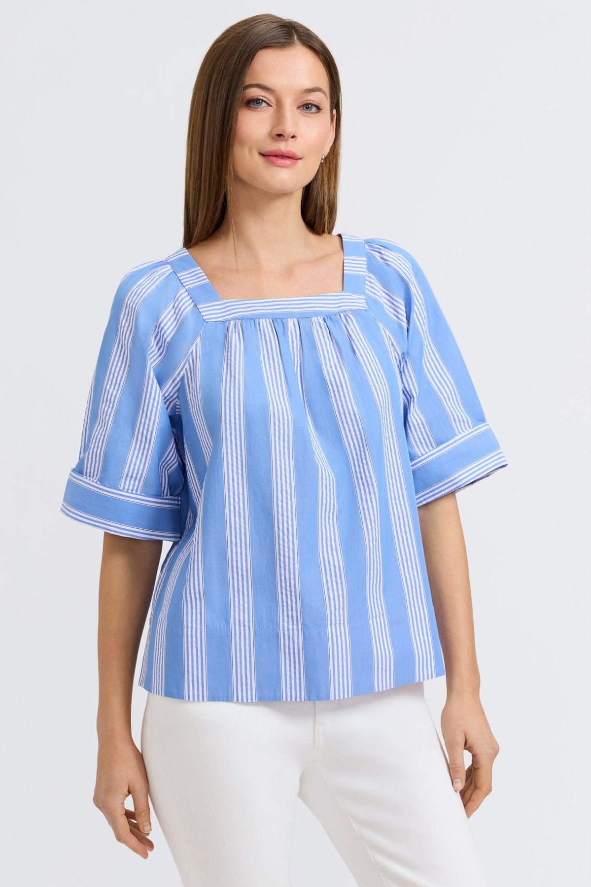 Violet Seersucker Striped Short Sleeve Popover Shirt for Women - Casual Summer Beachwear & Outdoor Activities