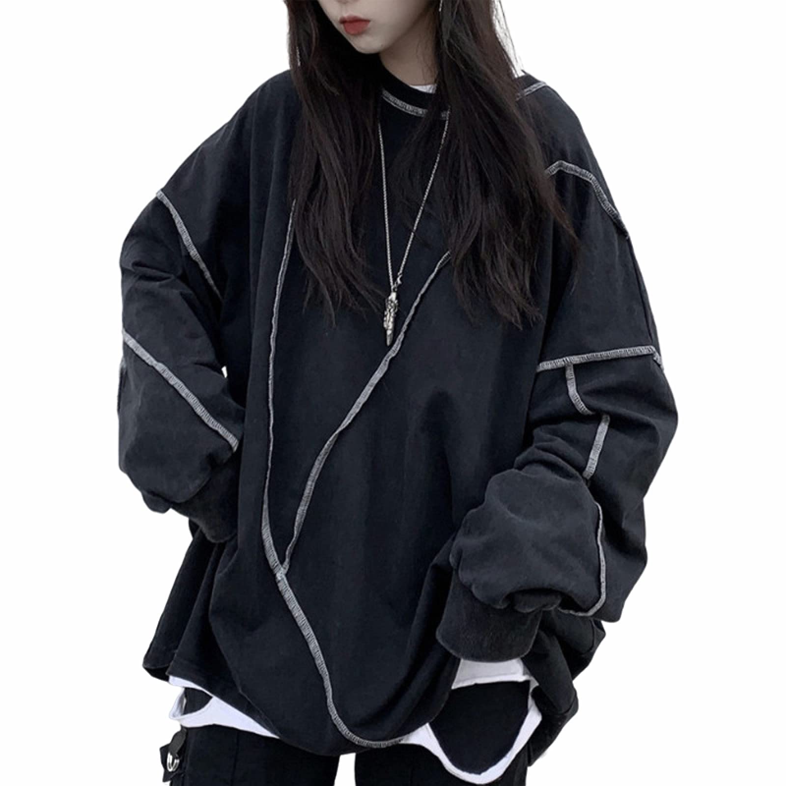 Gothic Long Sleeve Sweatshirt for Women - Oversized Loose Fit Dark Black Pullover Top for Spring and Autumn | Casual Streetwear, Layering Essential, Gothic Fashion Outfits