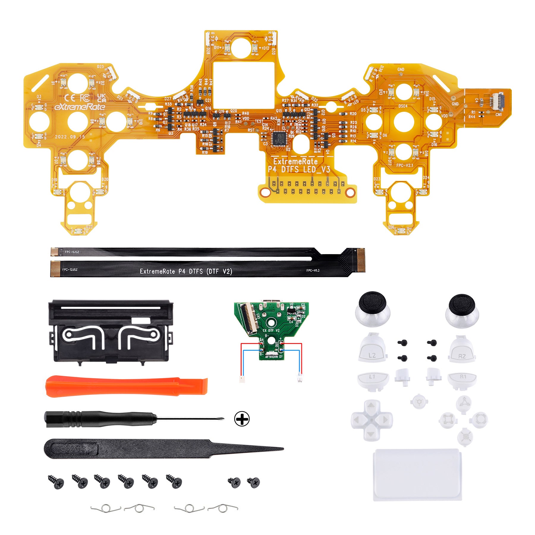 ExtremeRate Multi-Color LED Illuminated D-Pad, Thumbsticks & Buttons Kit for PS4 Slim/Pro Controller - White Classic Symbols (DTF 2.0) | Enhance Gaming Experience in Low Light | P4LED07 (Controller Not Included)