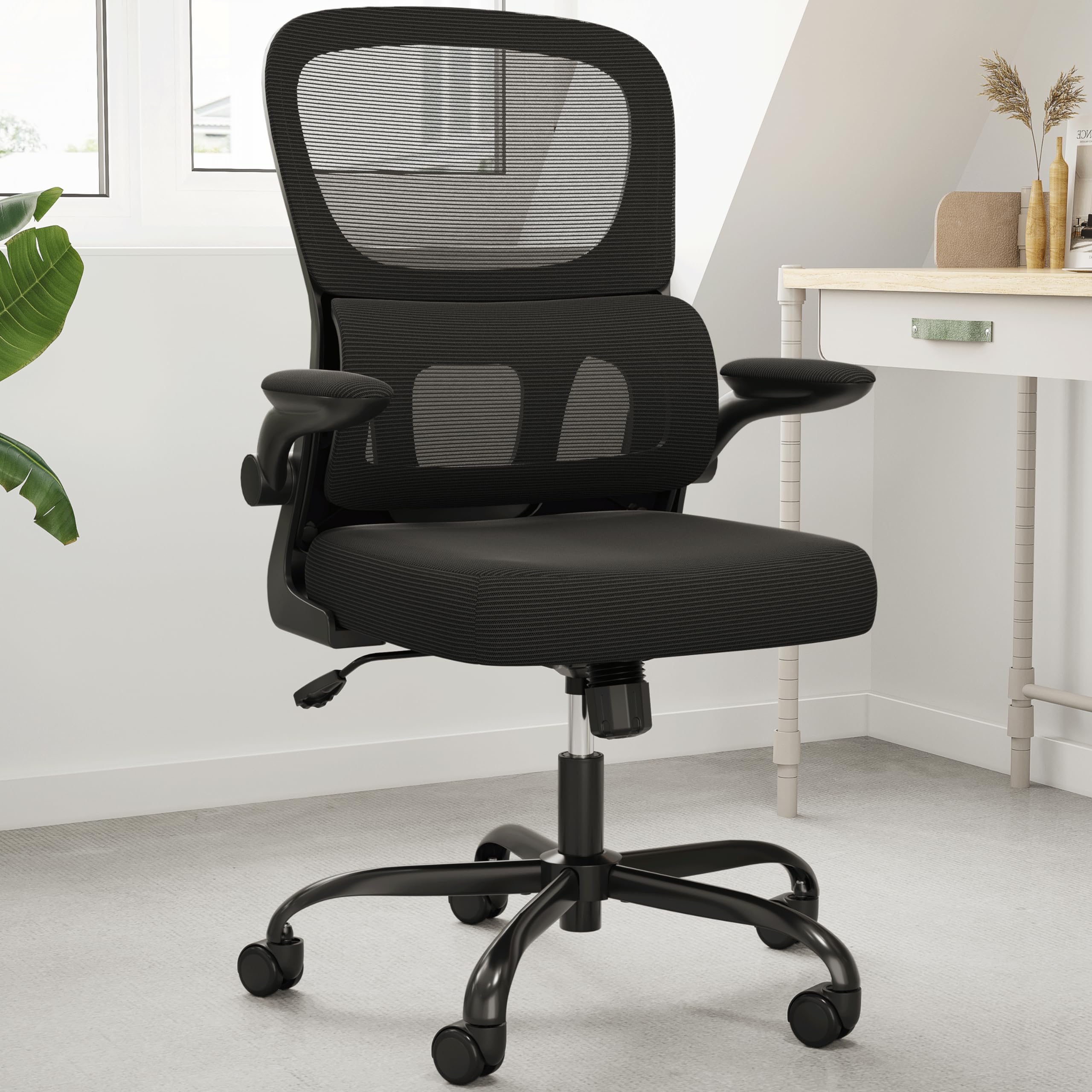 Soohow Ergonomic Home Office Chair - Adjustable Mesh Desk Chair with Lumbar Support & Flip-Up Armrests, Rolling Wheels for Comfortable Computer Work - Perfect for Small Spaces, Gaming & Remote Work (Black)
