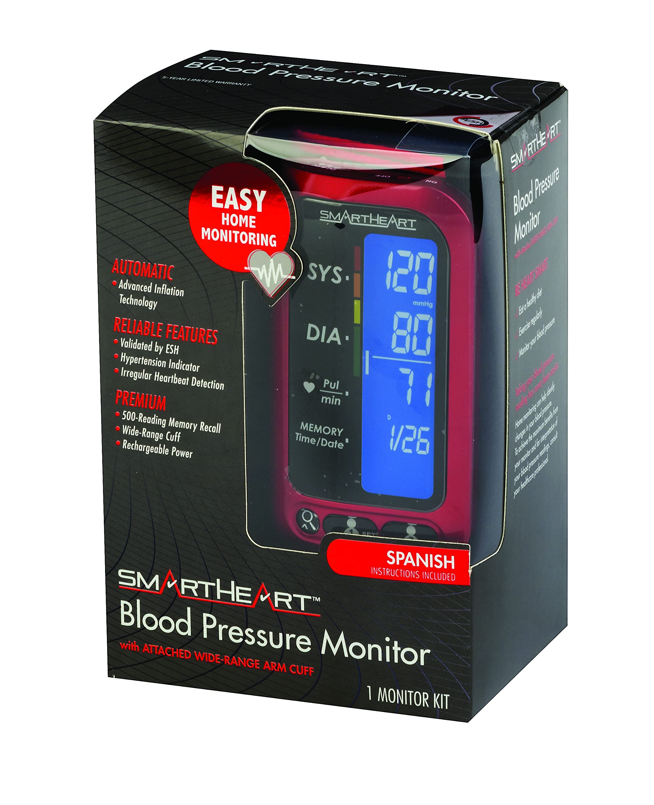 SmartHeart Digital Blood Pressure Monitor - Upper Arm Cuff with Advanced Inflation Technology, 500 Memory Storage | Home Use, Doctor Office, Health Monitoring for Adults & Seniors