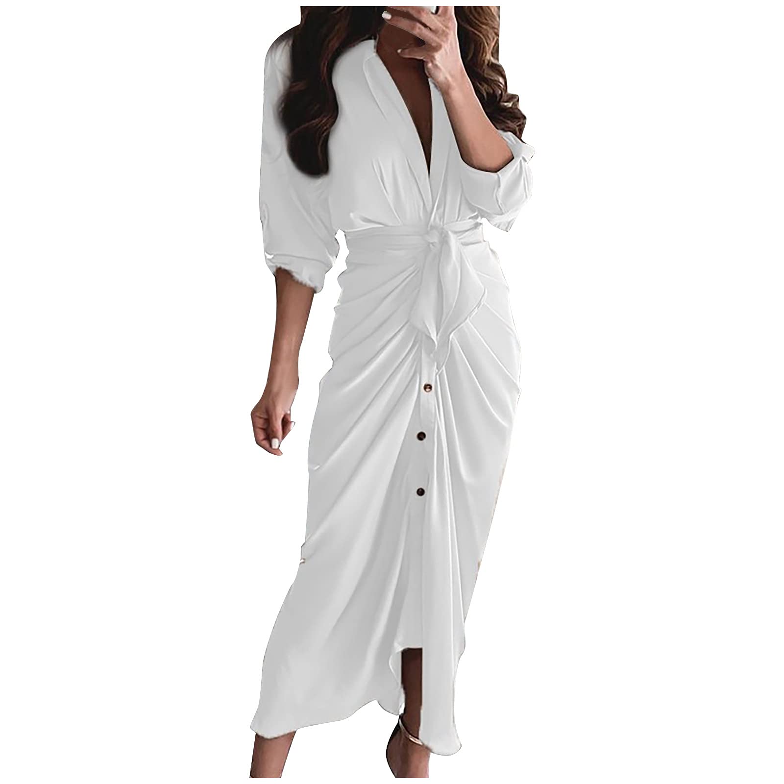 2022 Women's Sexy Summer Dresses - Casual Full Sleeve Solid Button Front Dress for Women | Perfect for Beach Vacation, Date Night & Summer Parties